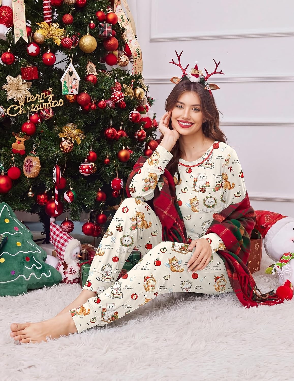 image:imageEkouaer Christmas Pajamas Women Holiday Long Sleeve Sleepwear Lounge Pj SetChristmas Apricot Kittens