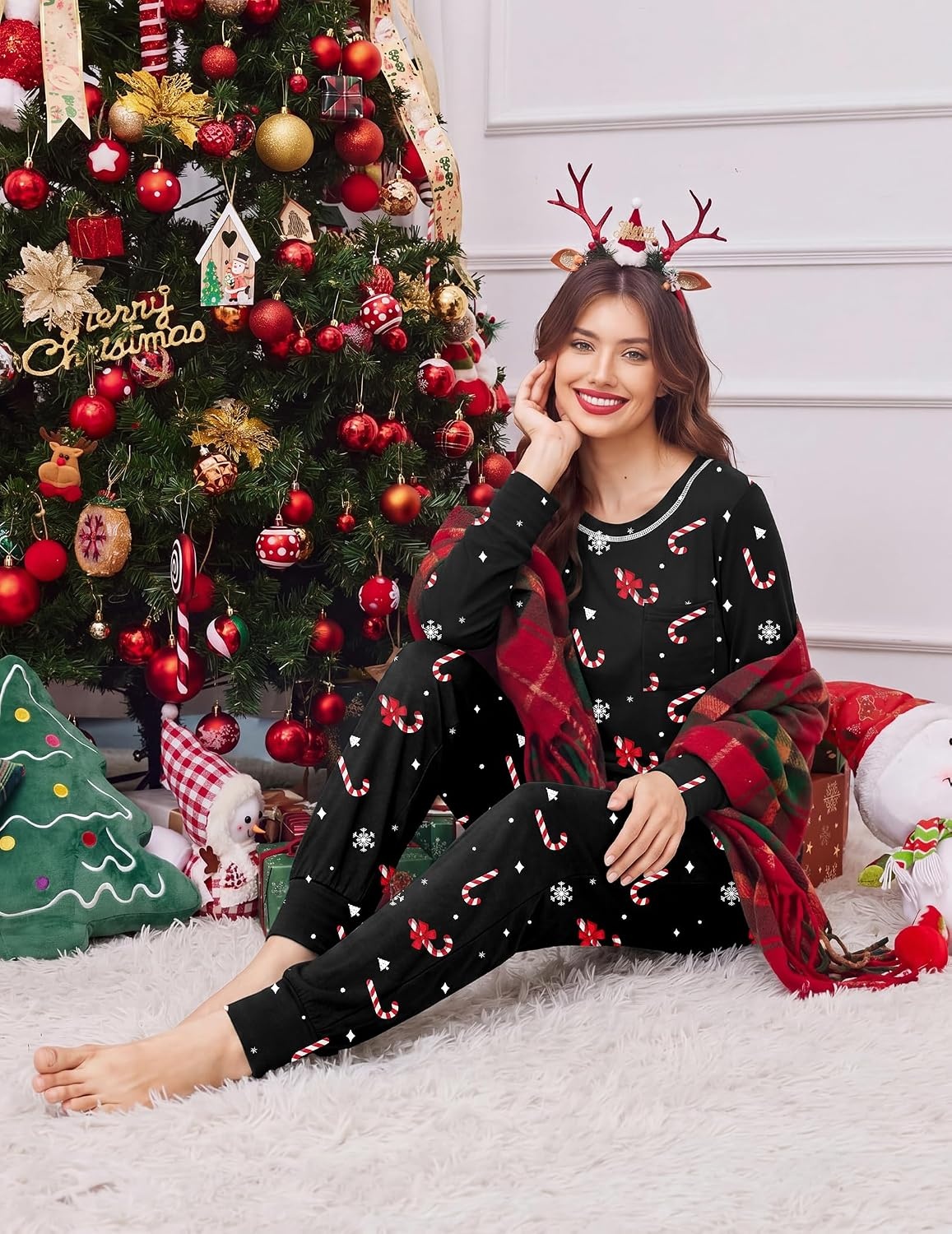 image:imageEkouaer Christmas Pajamas Women Holiday Long Sleeve Sleepwear Lounge Pj SetChristmas Black Candy Canes