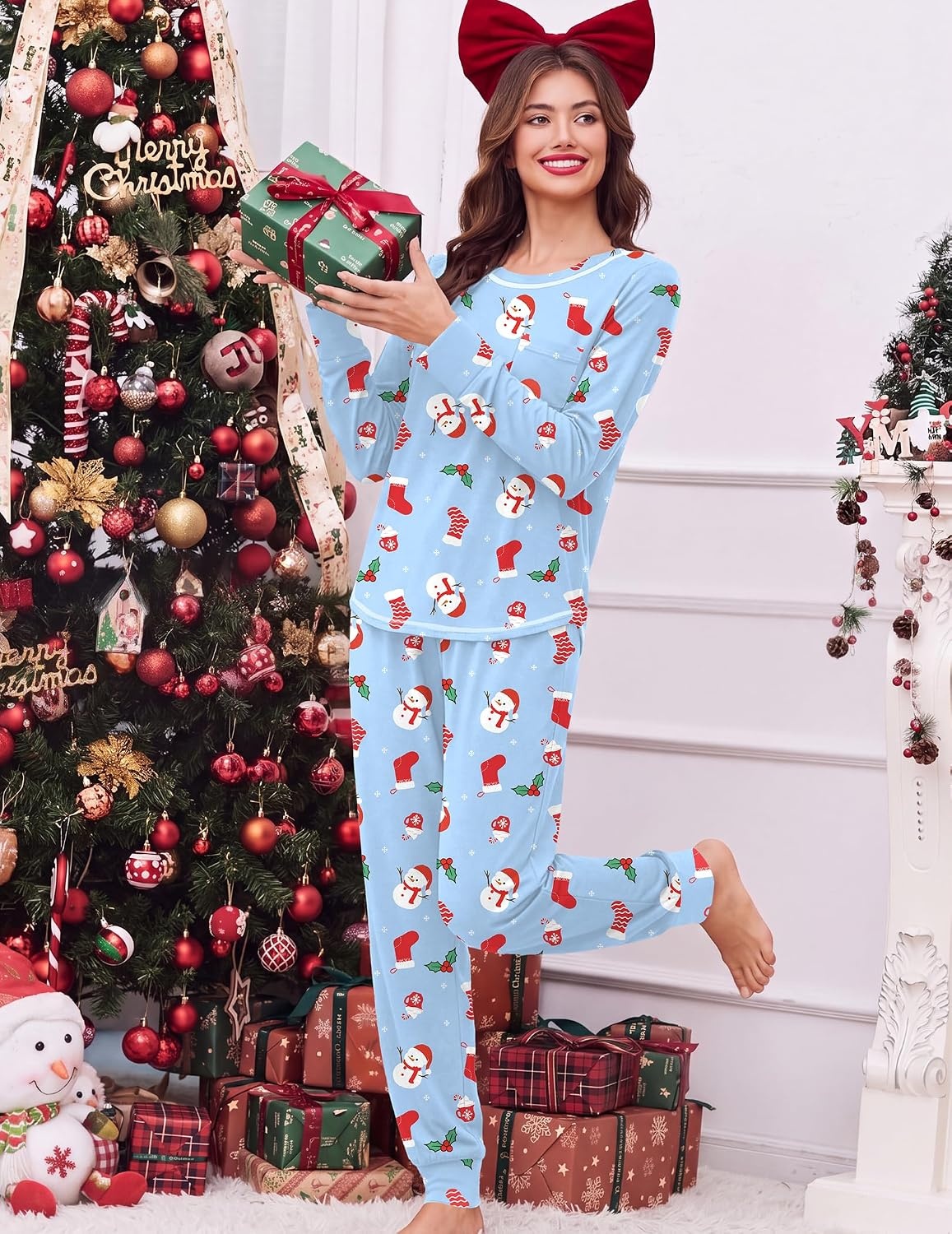 image:imageEkouaer Christmas Pajamas Women Holiday Long Sleeve Sleepwear Lounge Pj SetChristmas Light Blue Snowman