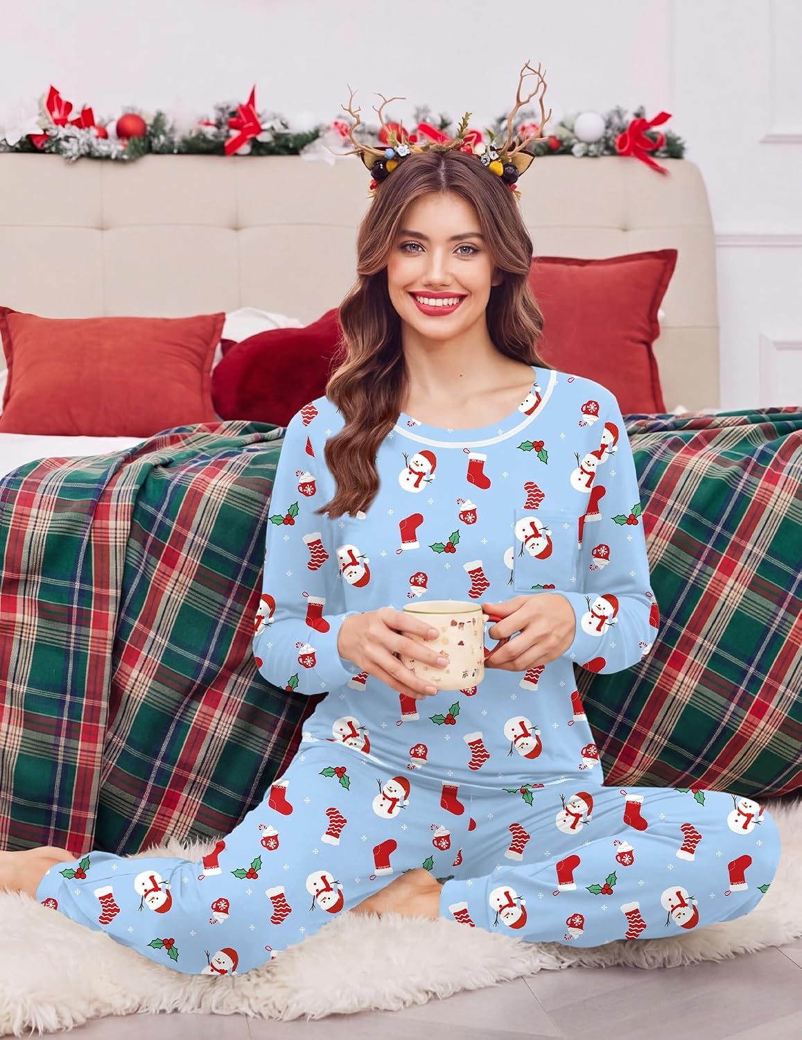 image:imageEkouaer Christmas Pajamas Women Holiday Long Sleeve Sleepwear Lounge Pj SetChristmas Light Blue Snowman