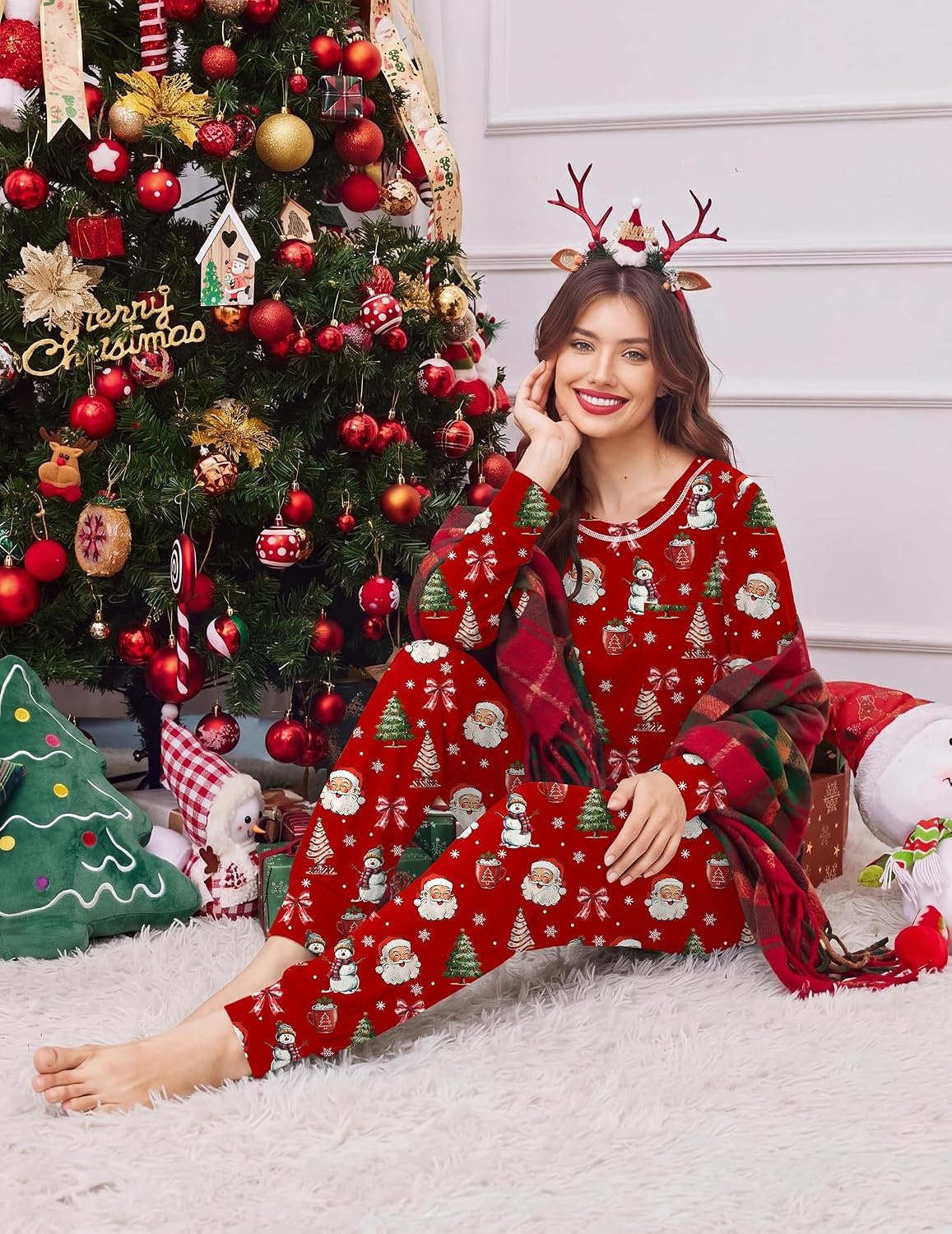 image:imageEkouaer Christmas Pajamas Women Holiday Long Sleeve Sleepwear Lounge Pj SetChristmas Red Santa