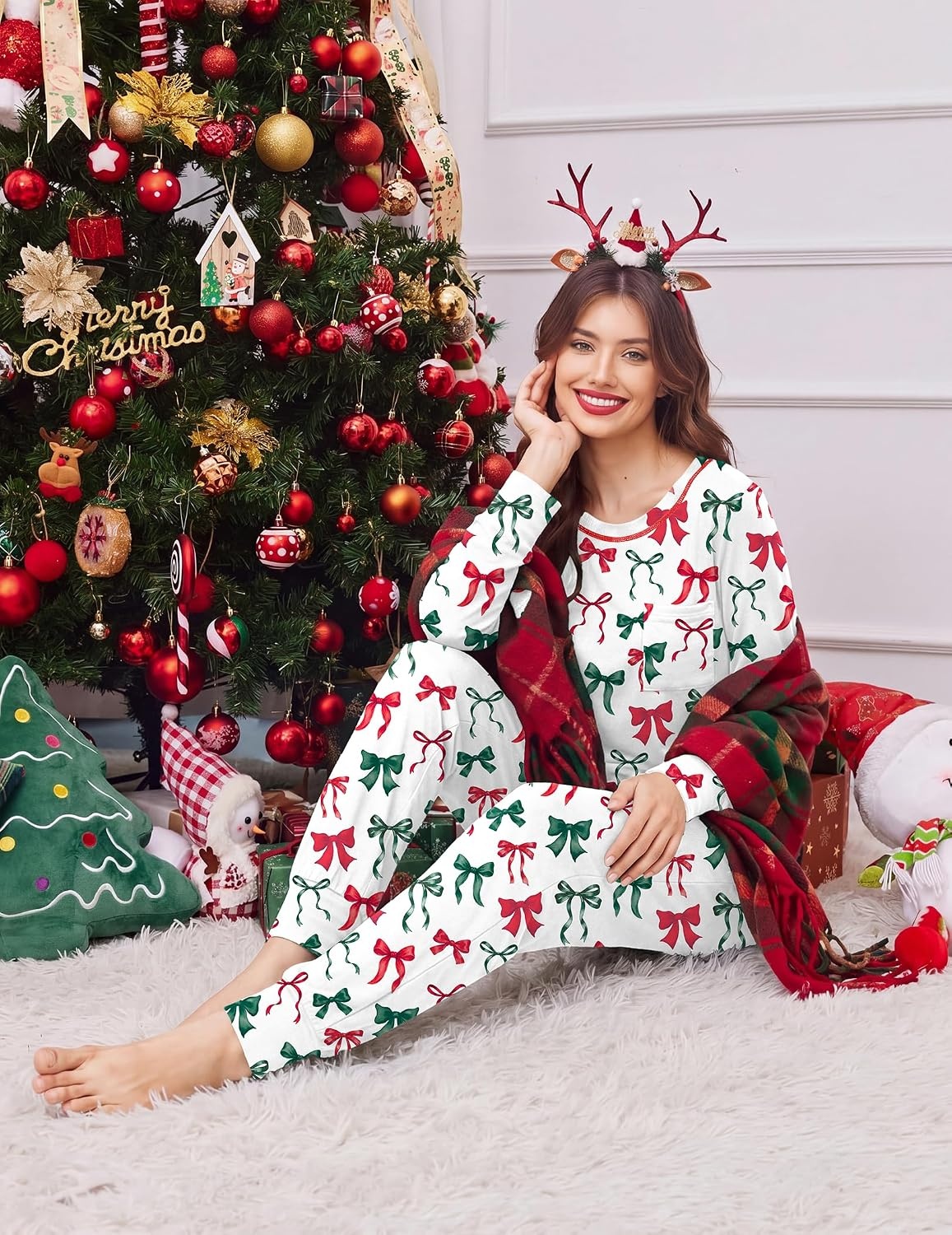image:imageEkouaer Christmas Pajamas Women Holiday Long Sleeve Sleepwear Lounge Pj SetChristmas Redgreen Bows