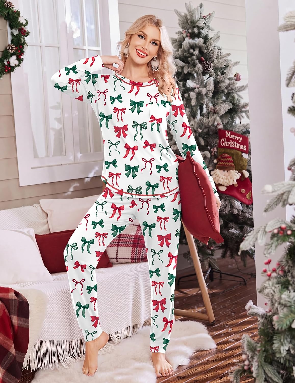 image:imageEkouaer Christmas Pajamas Women Holiday Long Sleeve Sleepwear Lounge Pj SetChristmas Redgreen Bows