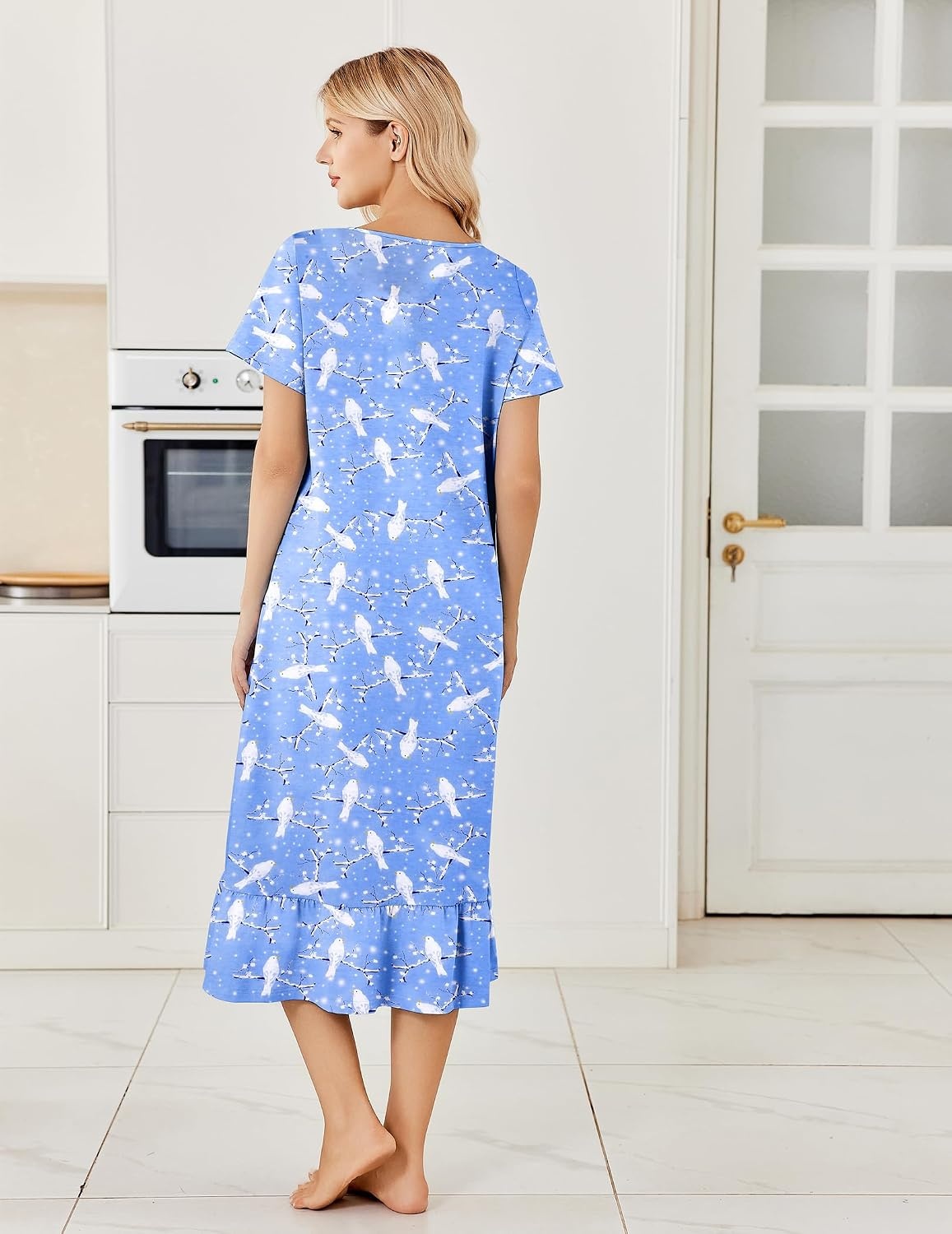 image:imageEkouaer Cotton Long Nightgowns for Women Short Sleeve Night Gown Button House Dress Lace Trim Soft Sleep ShirtBlue Bird