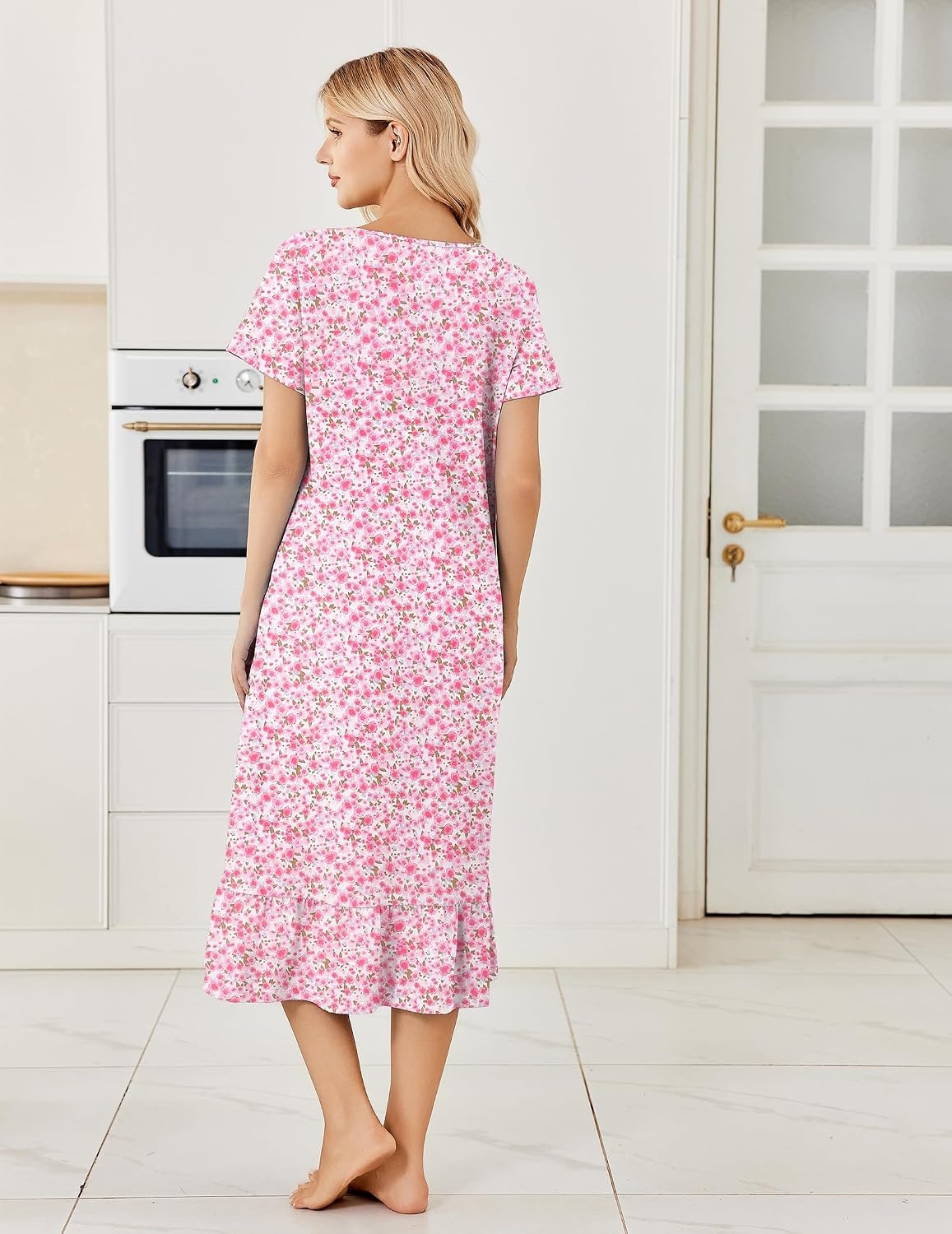 image:imageEkouaer Cotton Long Nightgowns for Women Short Sleeve Night Gown Button House Dress Lace Trim Soft Sleep ShirtPink Floral