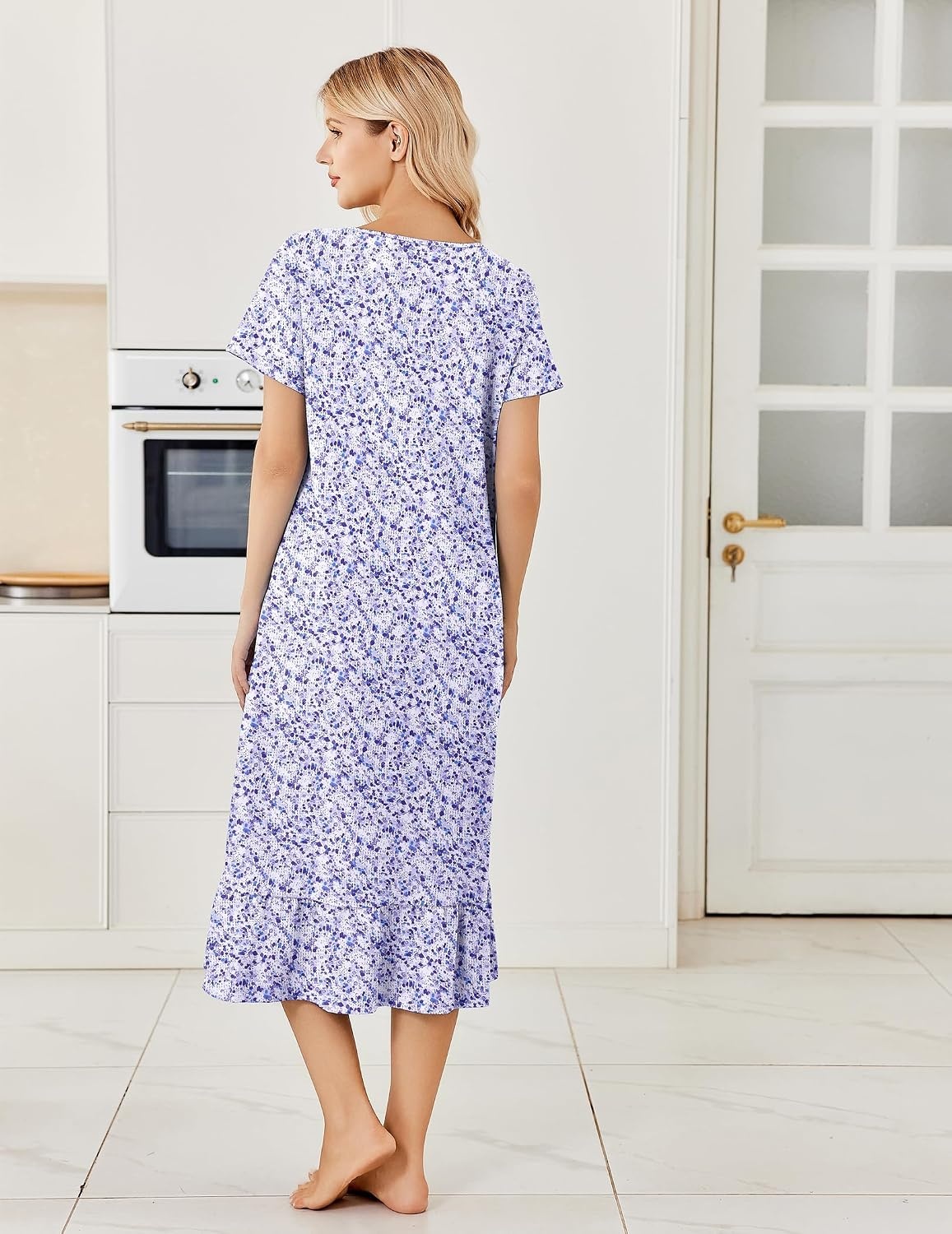 image:imageEkouaer Cotton Long Nightgowns for Women Short Sleeve Night Gown Button House Dress Lace Trim Soft Sleep ShirtPurple Floral