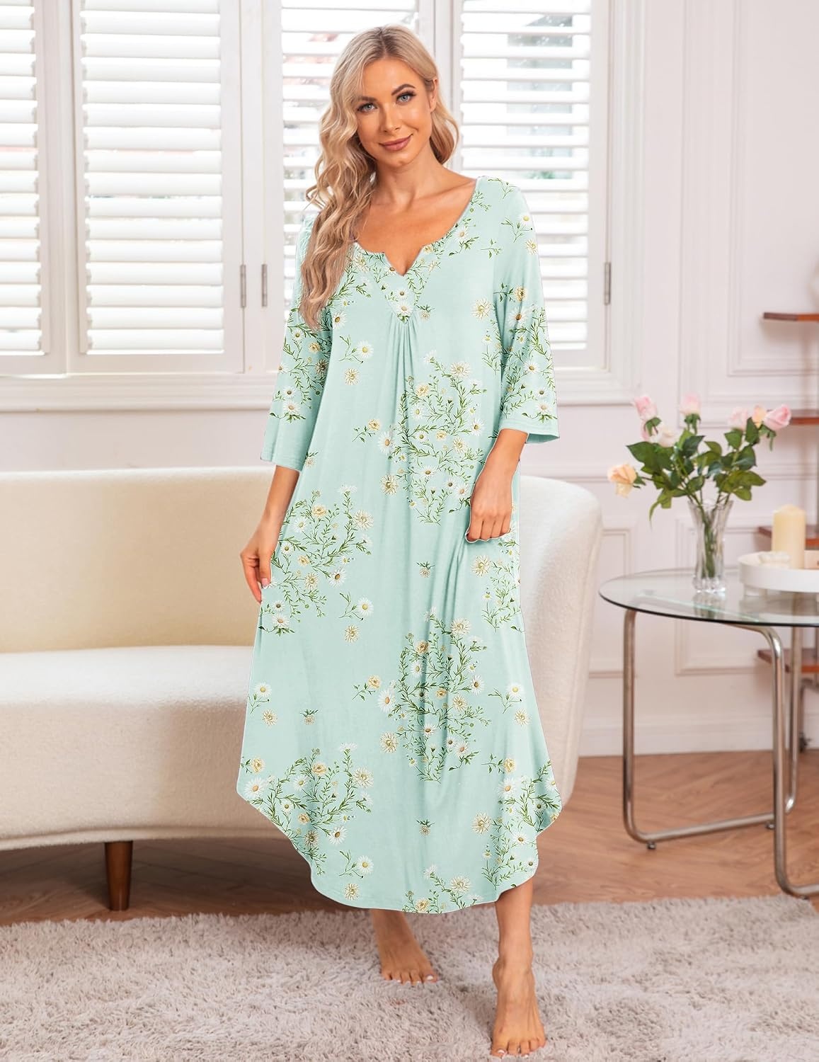 image:imageEkouaer Long Nightgowns for Women Plus Size 34 Sleeve Night Gown Winter Nightgown V Neck Sleepshirts Womens House Dress Maxi Night Shirts Soft Moo Moos for Women Full Length Lounge DressLittle Daisy