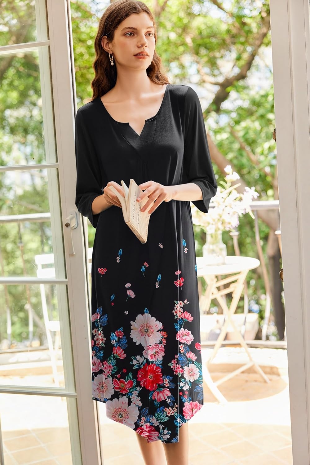 image:imageEkouaer Long Nightgowns for Women Plus Size 34 Sleeve Night Gown Winter Nightgown V Neck Sleepshirts Womens House Dress Maxi Night Shirts Soft Moo Moos for Women Full Length Lounge DressBlack Little Flowers