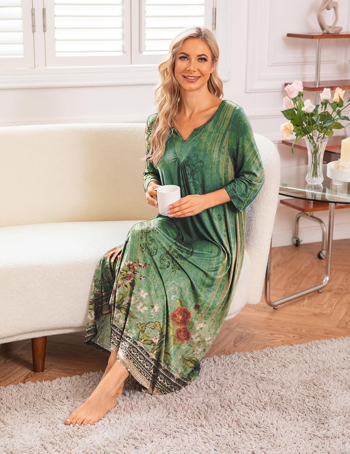 image:imageEkouaer Long Nightgowns for Women Plus Size 34 Sleeve Night Gown Winter Nightgown V Neck Sleepshirts Womens House Dress Maxi Night Shirts Soft Moo Moos for Women Full Length Lounge DressGreen Floral