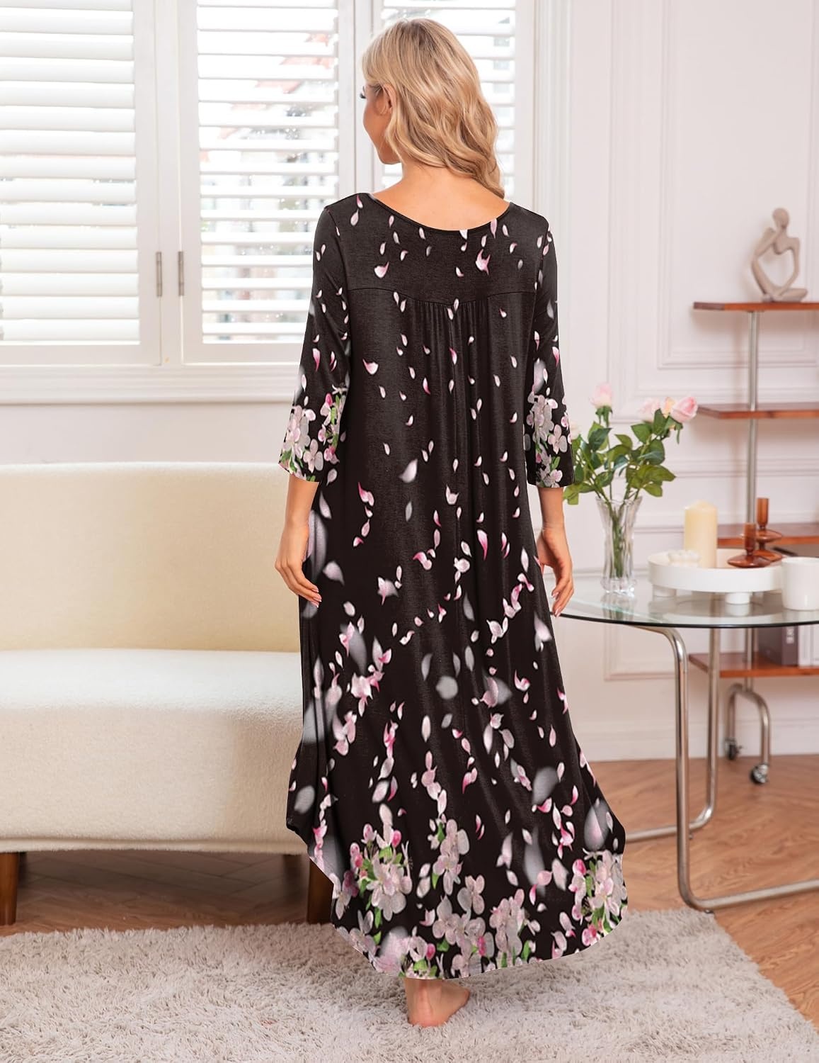 image:imageEkouaer Long Nightgowns for Women Plus Size 34 Sleeve Night Gown Winter Nightgown V Neck Sleepshirts Womens House Dress Maxi Night Shirts Soft Moo Moos for Women Full Length Lounge DressBlack Begonia Flowers