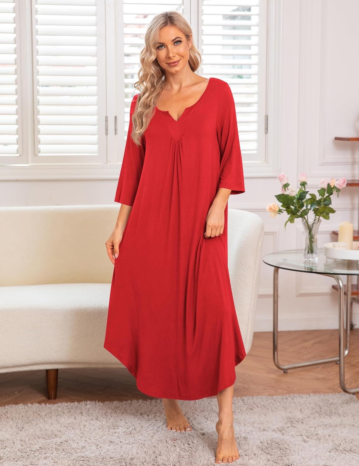 image:imageEkouaer Long Nightgowns for Women Plus Size 34 Sleeve Night Gown Winter Nightgown V Neck Sleepshirts Womens House Dress Maxi Night Shirts Soft Moo Moos for Women Full Length Lounge DressPonceau