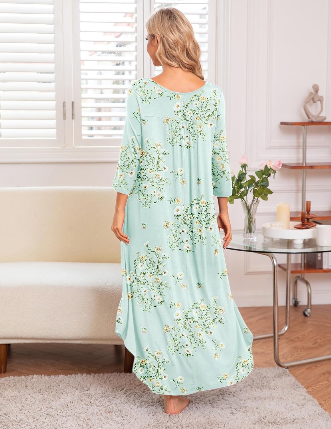 image:imageEkouaer Long Nightgowns for Women Plus Size 34 Sleeve Night Gown Winter Nightgown V Neck Sleepshirts Womens House Dress Maxi Night Shirts Soft Moo Moos for Women Full Length Lounge DressLittle Daisy
