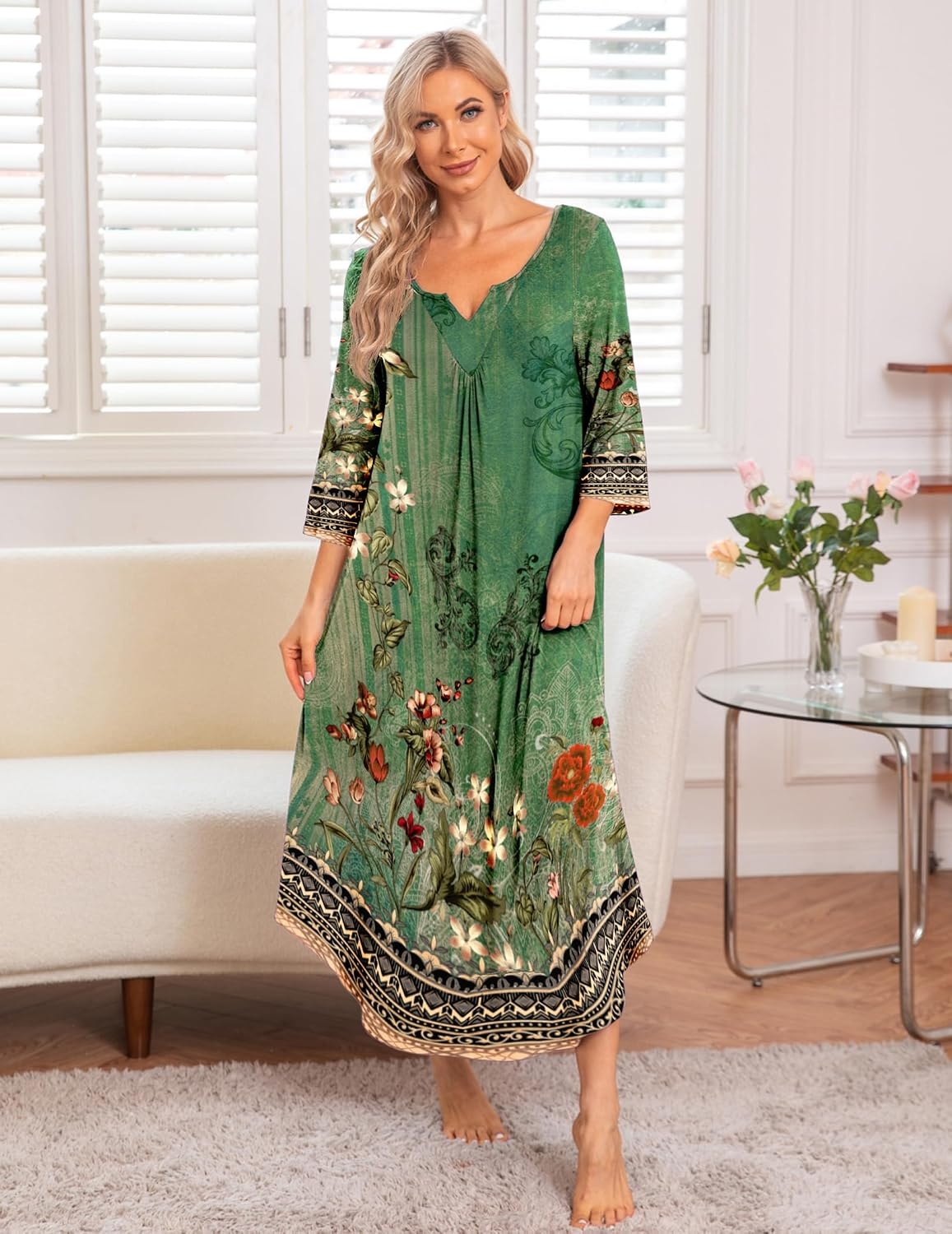 image:imageEkouaer Long Nightgowns for Women Plus Size 34 Sleeve Night Gown Winter Nightgown V Neck Sleepshirts Womens House Dress Maxi Night Shirts Soft Moo Moos for Women Full Length Lounge DressGreen Floral