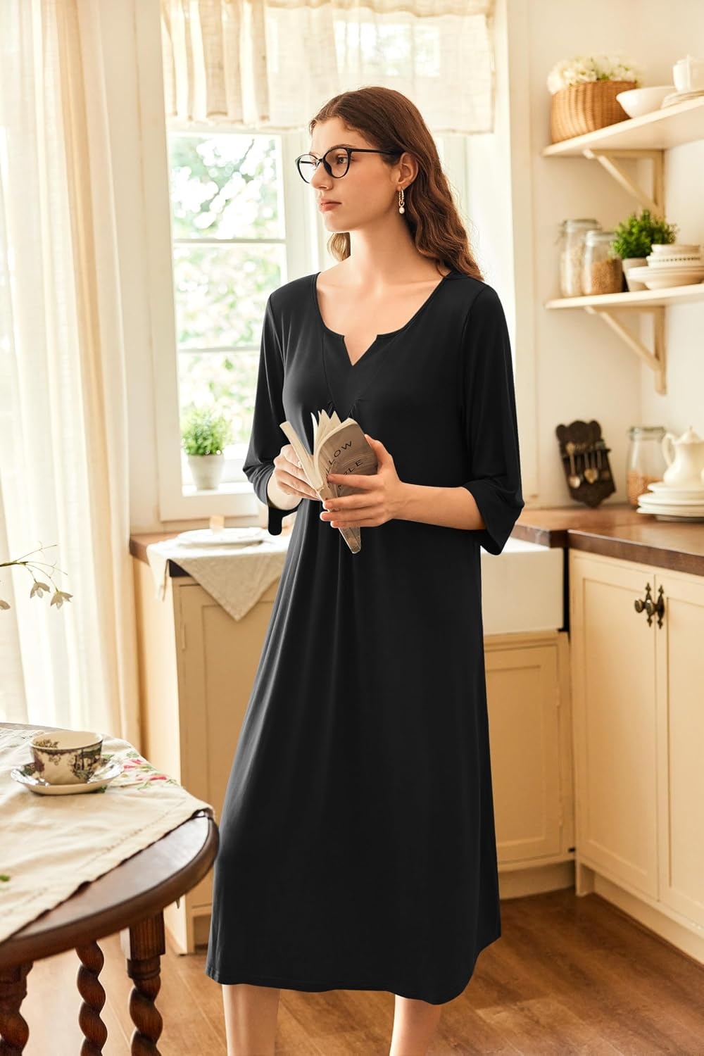 image:imageEkouaer Long Nightgowns for Women Plus Size 34 Sleeve Night Gown Winter Nightgown V Neck Sleepshirts Womens House Dress Maxi Night Shirts Soft Moo Moos for Women Full Length Lounge DressBlack