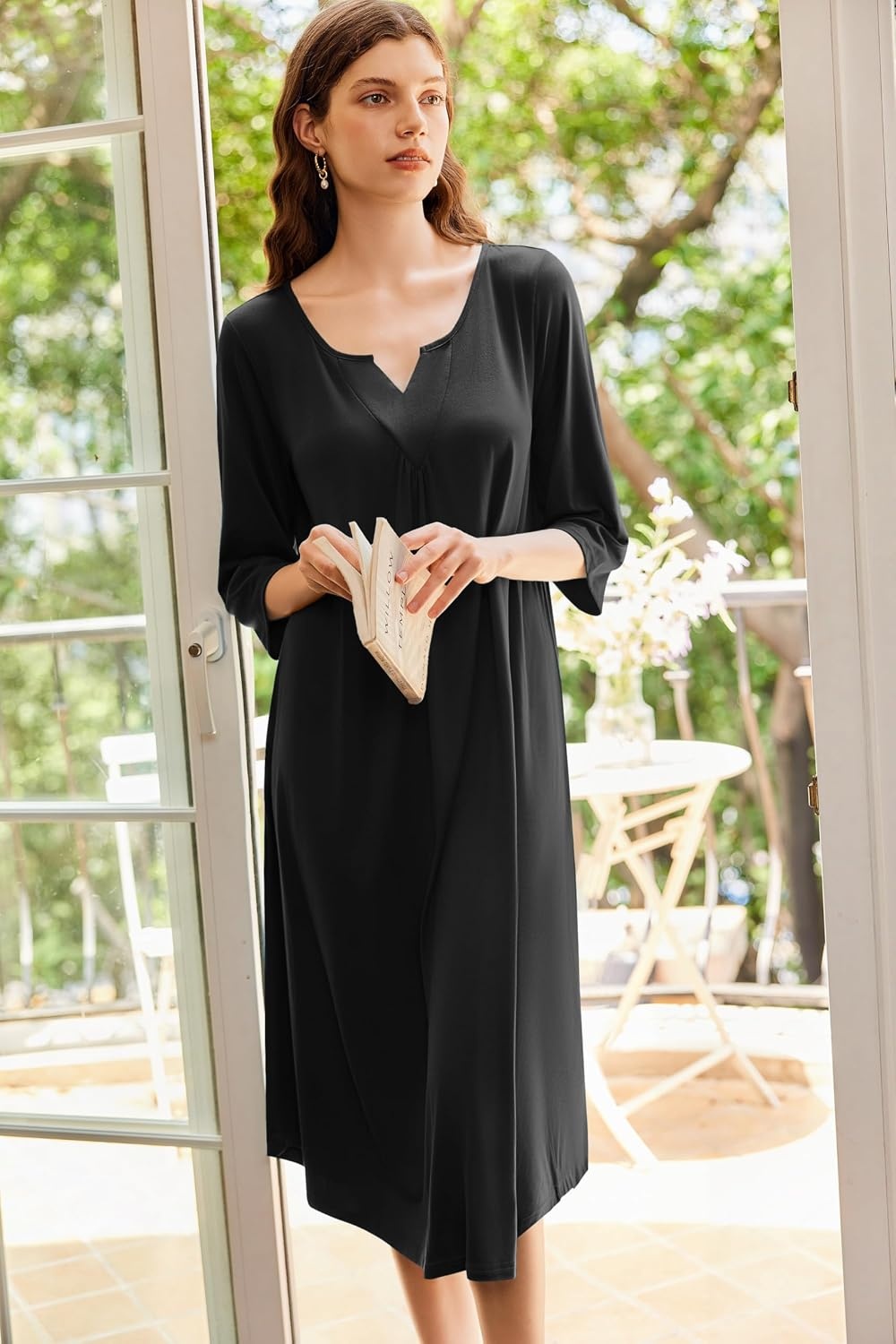 image:imageEkouaer Long Nightgowns for Women Plus Size 34 Sleeve Night Gown Winter Nightgown V Neck Sleepshirts Womens House Dress Maxi Night Shirts Soft Moo Moos for Women Full Length Lounge DressBlack