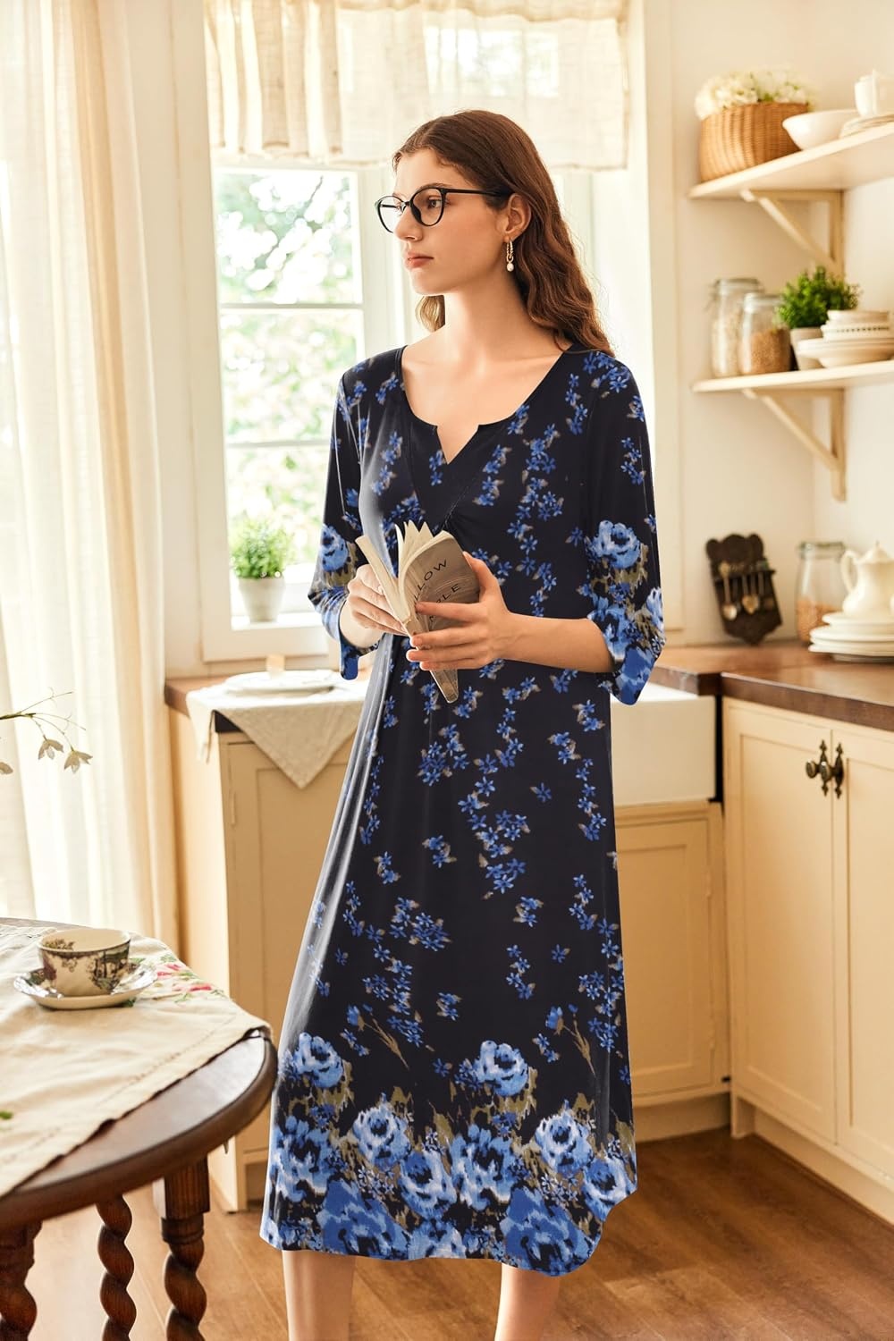 image:imageEkouaer Long Nightgowns for Women Plus Size 34 Sleeve Night Gown Winter Nightgown V Neck Sleepshirts Womens House Dress Maxi Night Shirts Soft Moo Moos for Women Full Length Lounge DressBlack Blue Floral
