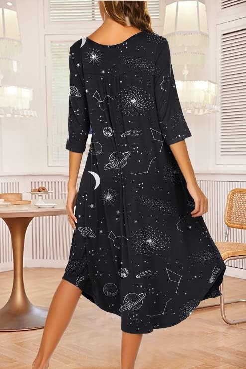 image:imageEkouaer Long Nightgowns for Women Plus Size 34 Sleeve Night Gown Winter Nightgown V Neck Sleepshirts Womens House Dress Maxi Night Shirts Soft Moo Moos for Women Full Length Lounge DressBlack Star