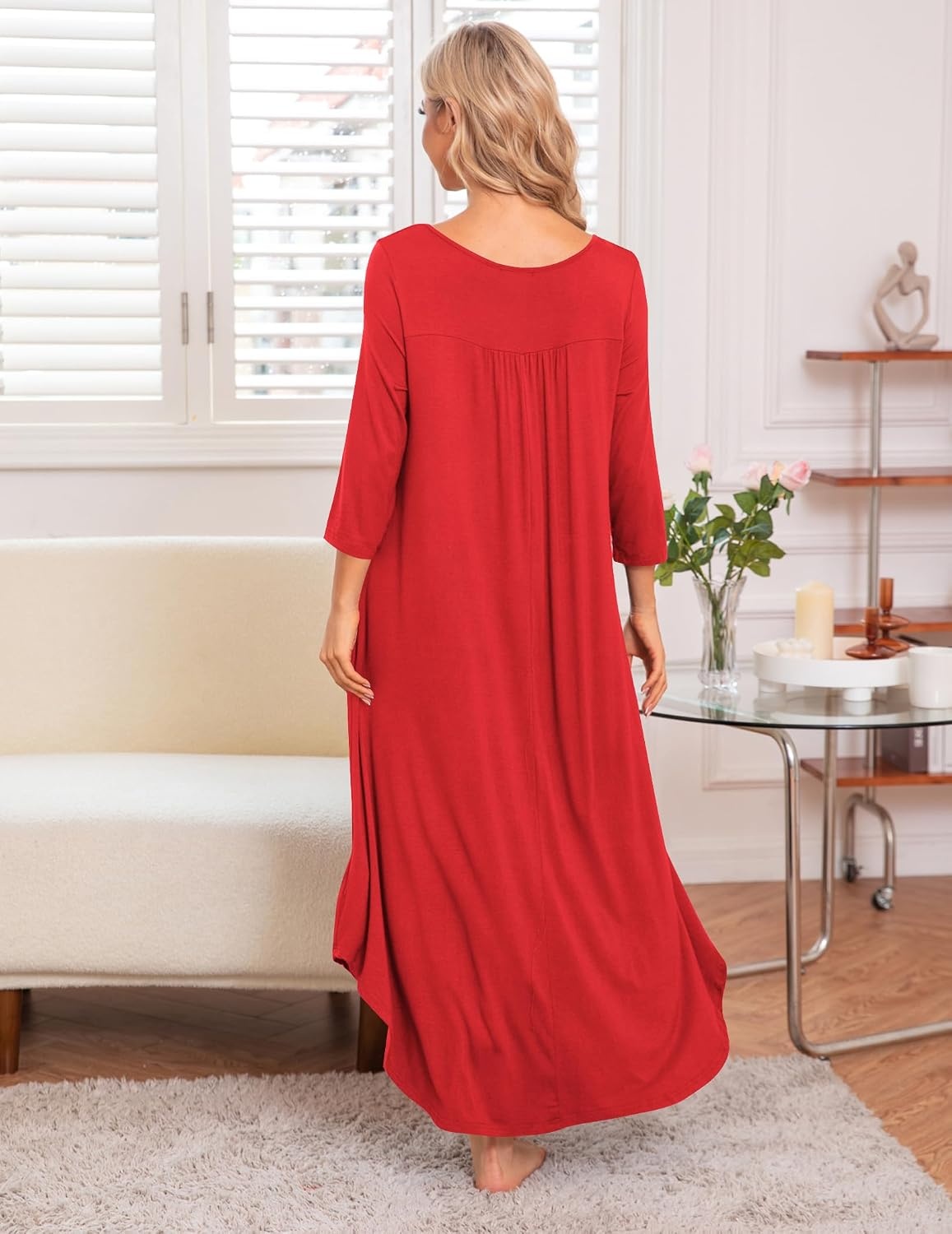 image:imageEkouaer Long Nightgowns for Women Plus Size 34 Sleeve Night Gown Winter Nightgown V Neck Sleepshirts Womens House Dress Maxi Night Shirts Soft Moo Moos for Women Full Length Lounge DressPonceau