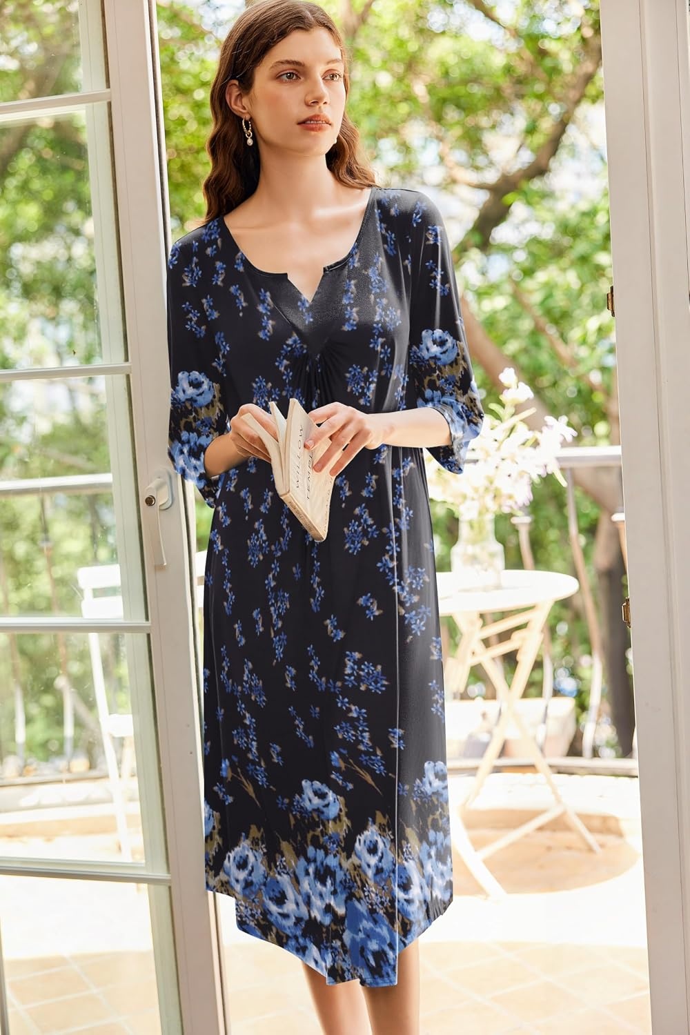 image:imageEkouaer Long Nightgowns for Women Plus Size 34 Sleeve Night Gown Winter Nightgown V Neck Sleepshirts Womens House Dress Maxi Night Shirts Soft Moo Moos for Women Full Length Lounge DressBlack Blue Floral
