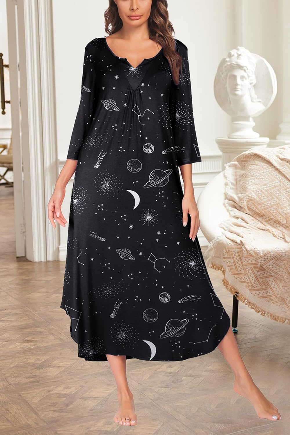 image:imageEkouaer Long Nightgowns for Women Plus Size 34 Sleeve Night Gown Winter Nightgown V Neck Sleepshirts Womens House Dress Maxi Night Shirts Soft Moo Moos for Women Full Length Lounge DressBlack Star
