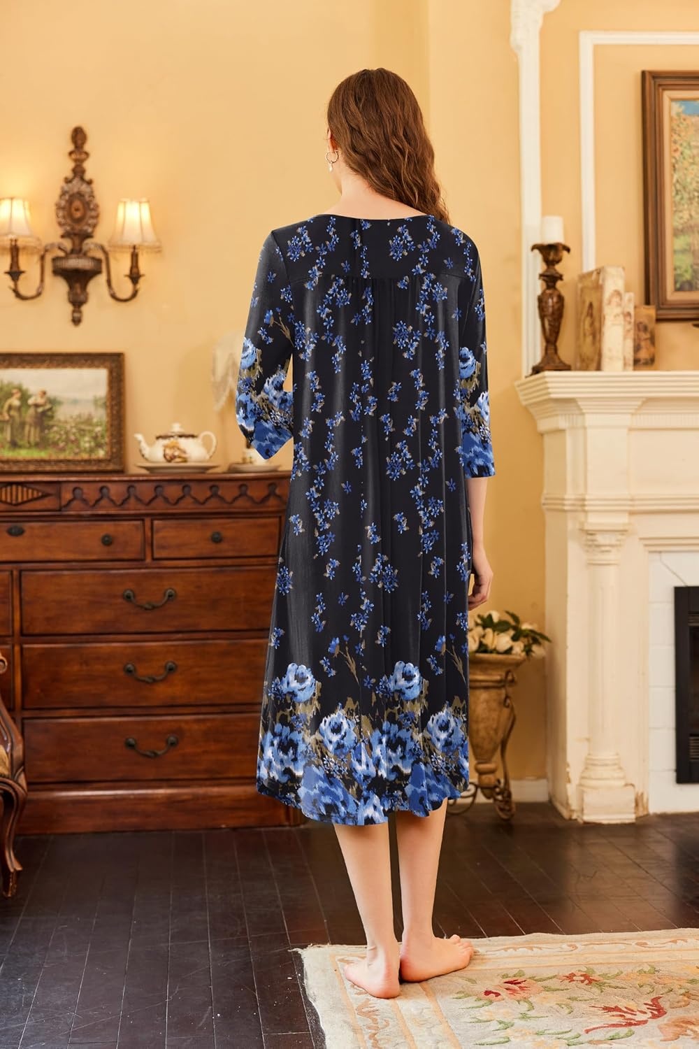image:imageEkouaer Long Nightgowns for Women Plus Size 34 Sleeve Night Gown Winter Nightgown V Neck Sleepshirts Womens House Dress Maxi Night Shirts Soft Moo Moos for Women Full Length Lounge DressBlack Blue Floral