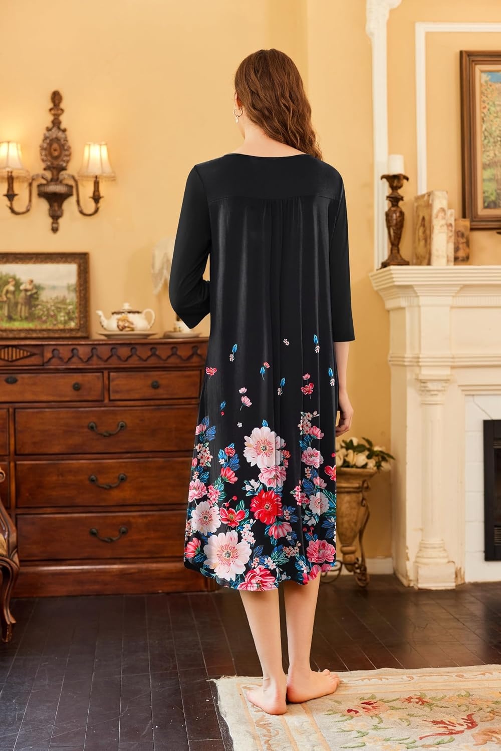 image:imageEkouaer Long Nightgowns for Women Plus Size 34 Sleeve Night Gown Winter Nightgown V Neck Sleepshirts Womens House Dress Maxi Night Shirts Soft Moo Moos for Women Full Length Lounge DressBlack Little Flowers