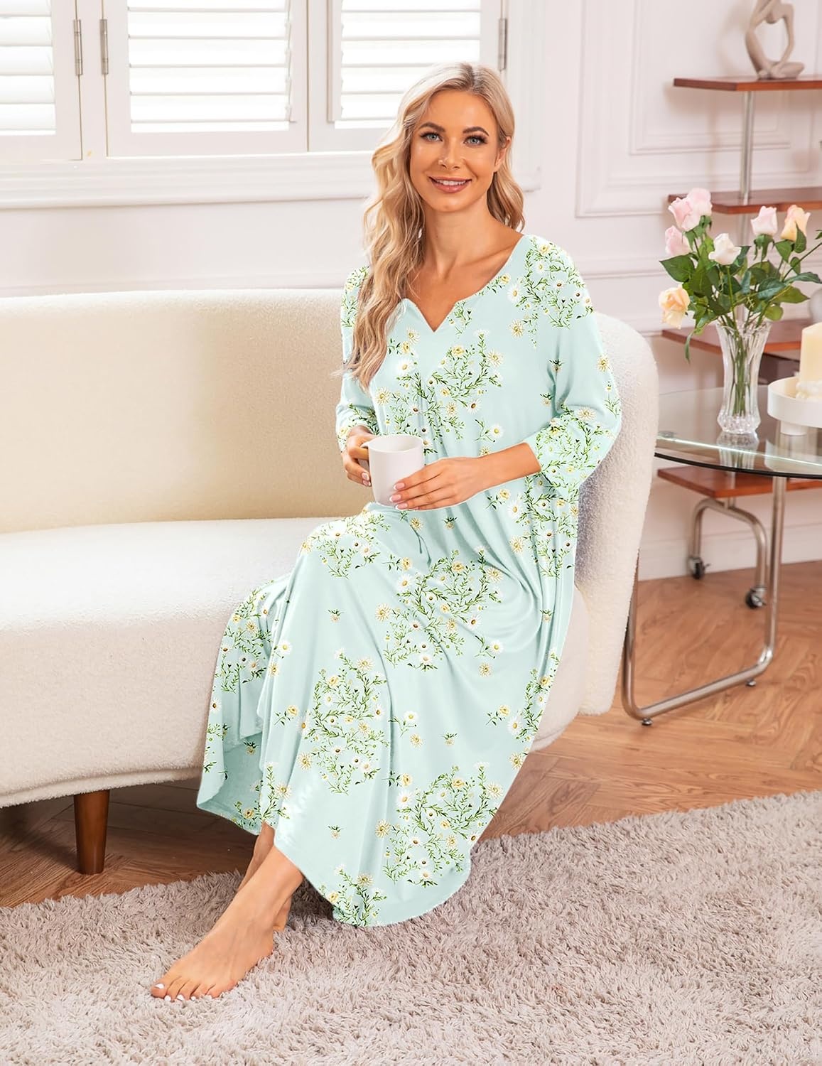 image:imageEkouaer Long Nightgowns for Women Plus Size 34 Sleeve Night Gown Winter Nightgown V Neck Sleepshirts Womens House Dress Maxi Night Shirts Soft Moo Moos for Women Full Length Lounge DressLittle Daisy