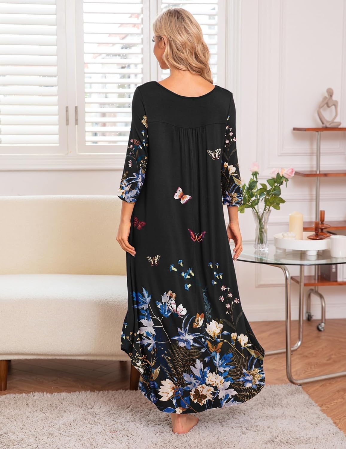 image:imageEkouaer Long Nightgowns for Women Plus Size 34 Sleeve Night Gown Winter Nightgown V Neck Sleepshirts Womens House Dress Maxi Night Shirts Soft Moo Moos for Women Full Length Lounge DressBlack Floral