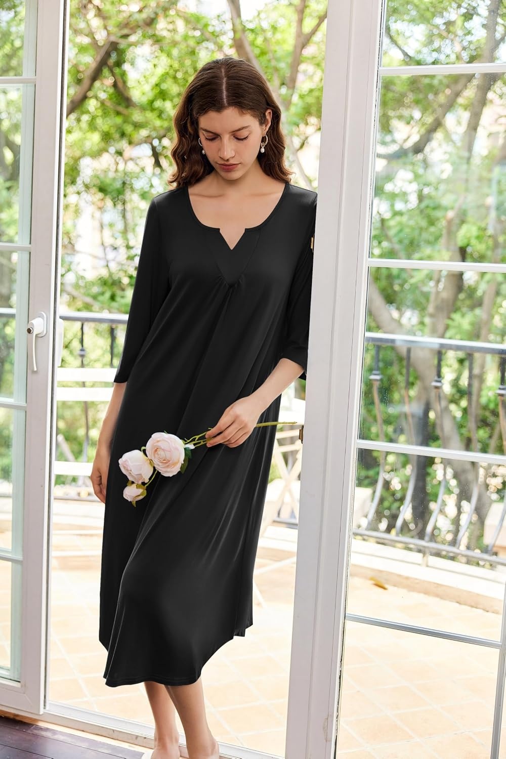 image:imageEkouaer Long Nightgowns for Women Plus Size 34 Sleeve Night Gown Winter Nightgown V Neck Sleepshirts Womens House Dress Maxi Night Shirts Soft Moo Moos for Women Full Length Lounge DressBlack
