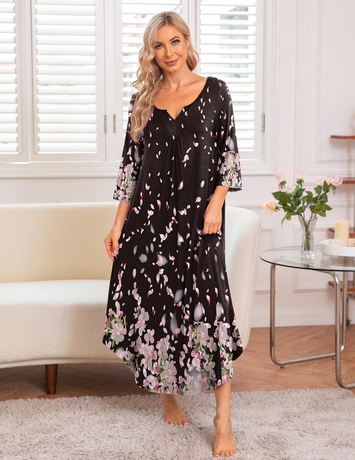 image:imageEkouaer Long Nightgowns for Women Plus Size 34 Sleeve Night Gown Winter Nightgown V Neck Sleepshirts Womens House Dress Maxi Night Shirts Soft Moo Moos for Women Full Length Lounge DressBlack Begonia Flowers