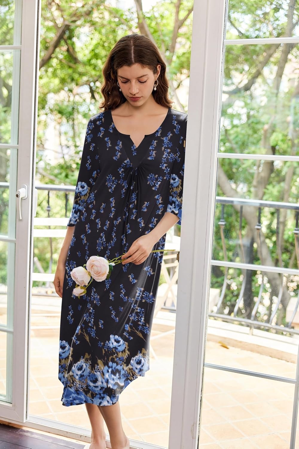 image:imageEkouaer Long Nightgowns for Women Plus Size 34 Sleeve Night Gown Winter Nightgown V Neck Sleepshirts Womens House Dress Maxi Night Shirts Soft Moo Moos for Women Full Length Lounge DressBlack Blue Floral