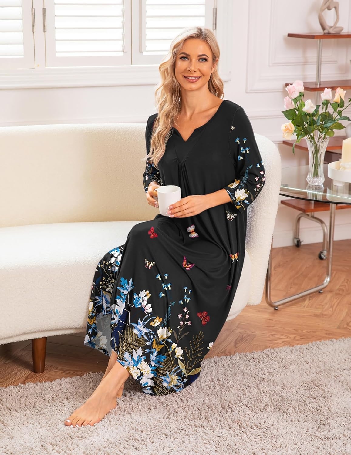 image:imageEkouaer Long Nightgowns for Women Plus Size 34 Sleeve Night Gown Winter Nightgown V Neck Sleepshirts Womens House Dress Maxi Night Shirts Soft Moo Moos for Women Full Length Lounge DressBlack Floral
