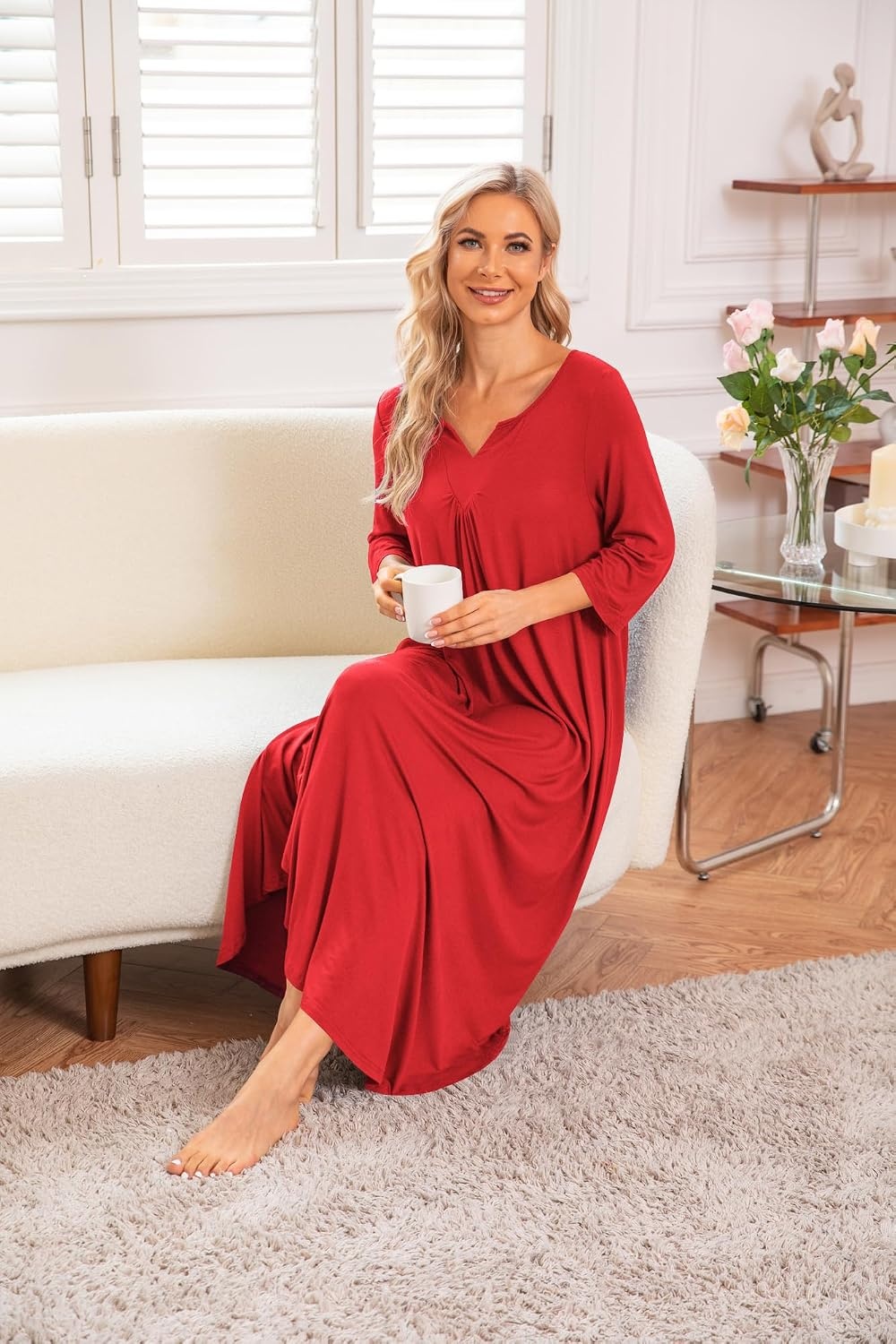 image:imageEkouaer Long Nightgowns for Women Plus Size 34 Sleeve Night Gown Winter Nightgown V Neck Sleepshirts Womens House Dress Maxi Night Shirts Soft Moo Moos for Women Full Length Lounge DressPonceau