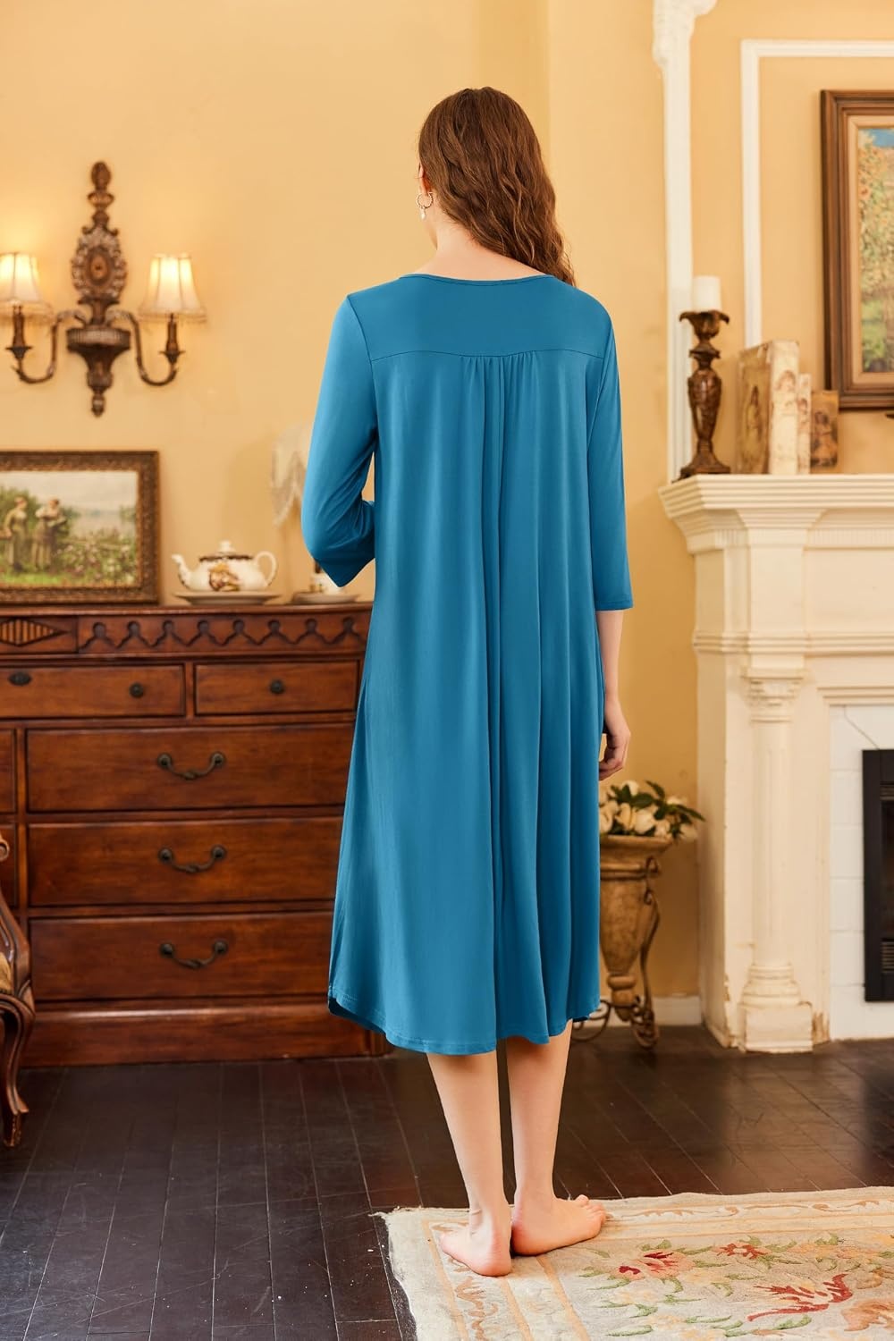 image:imageEkouaer Long Nightgowns for Women Plus Size 34 Sleeve Night Gown Winter Nightgown V Neck Sleepshirts Womens House Dress Maxi Night Shirts Soft Moo Moos for Women Full Length Lounge DressBlue Green