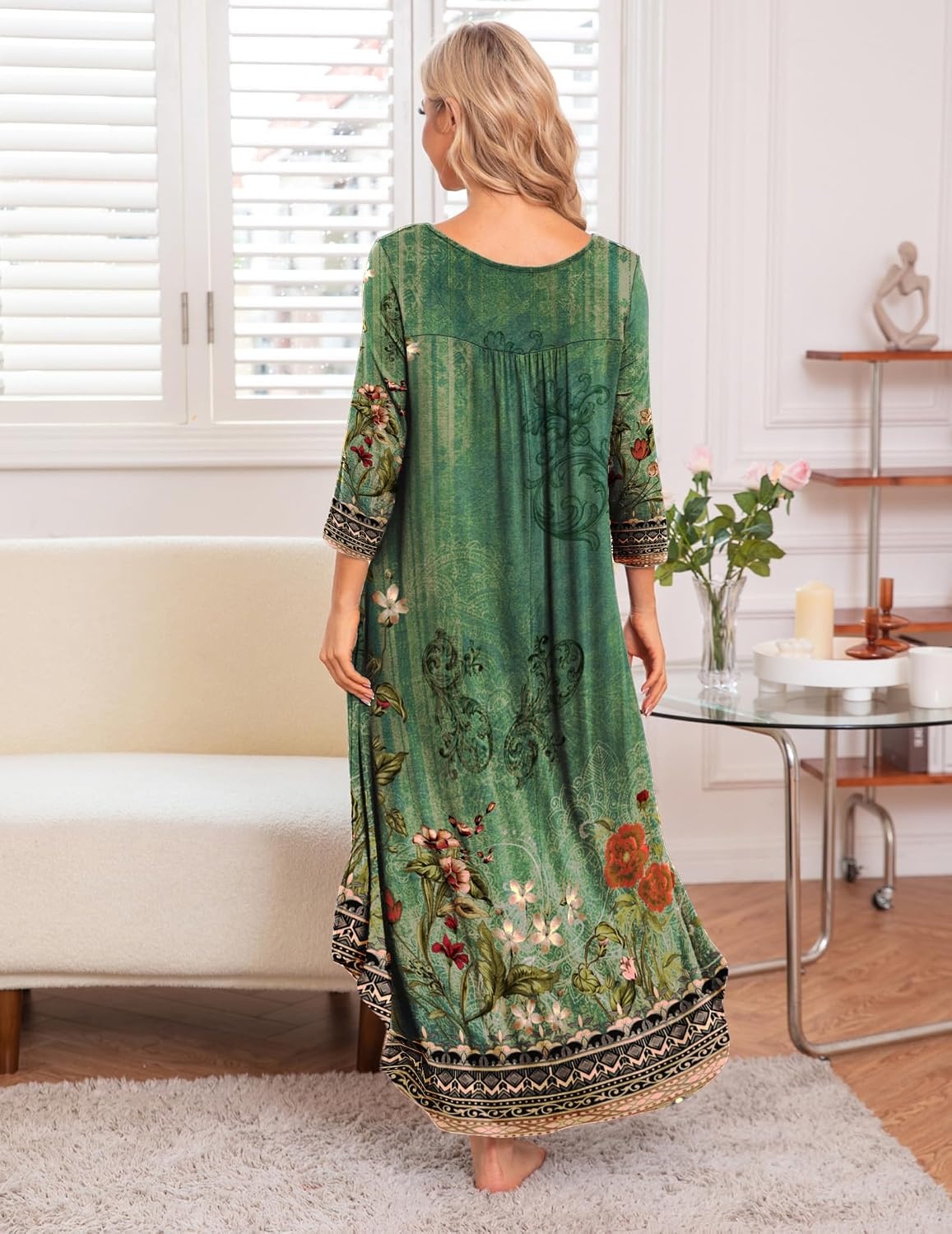 image:imageEkouaer Long Nightgowns for Women Plus Size 34 Sleeve Night Gown Winter Nightgown V Neck Sleepshirts Womens House Dress Maxi Night Shirts Soft Moo Moos for Women Full Length Lounge DressGreen Floral