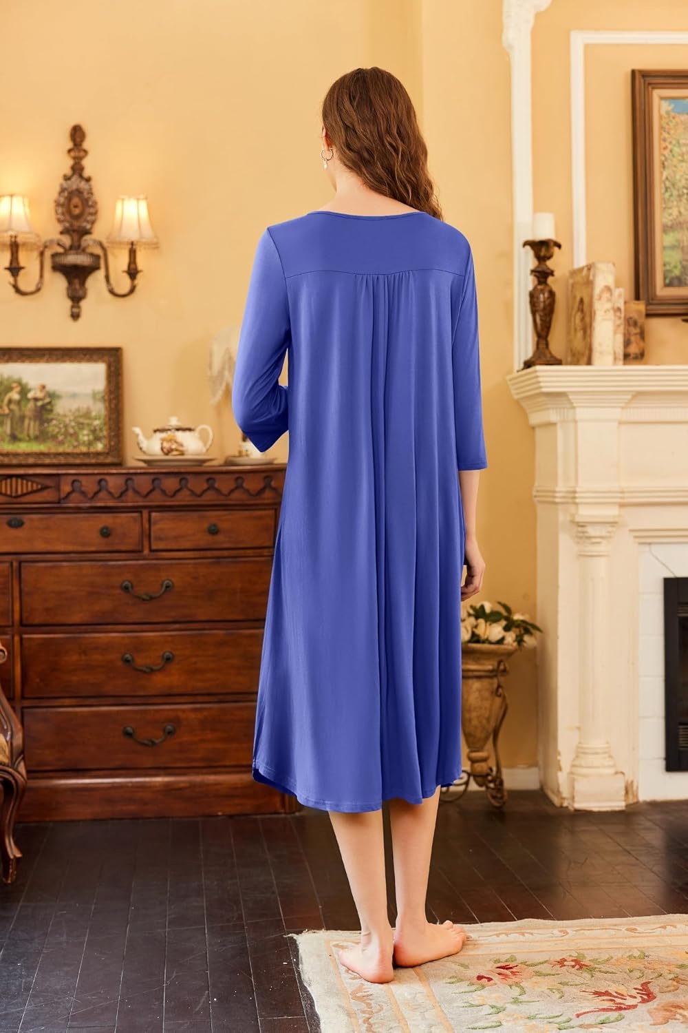 image:imageEkouaer Long Nightgowns for Women Plus Size 34 Sleeve Night Gown Winter Nightgown V Neck Sleepshirts Womens House Dress Maxi Night Shirts Soft Moo Moos for Women Full Length Lounge DressBlue