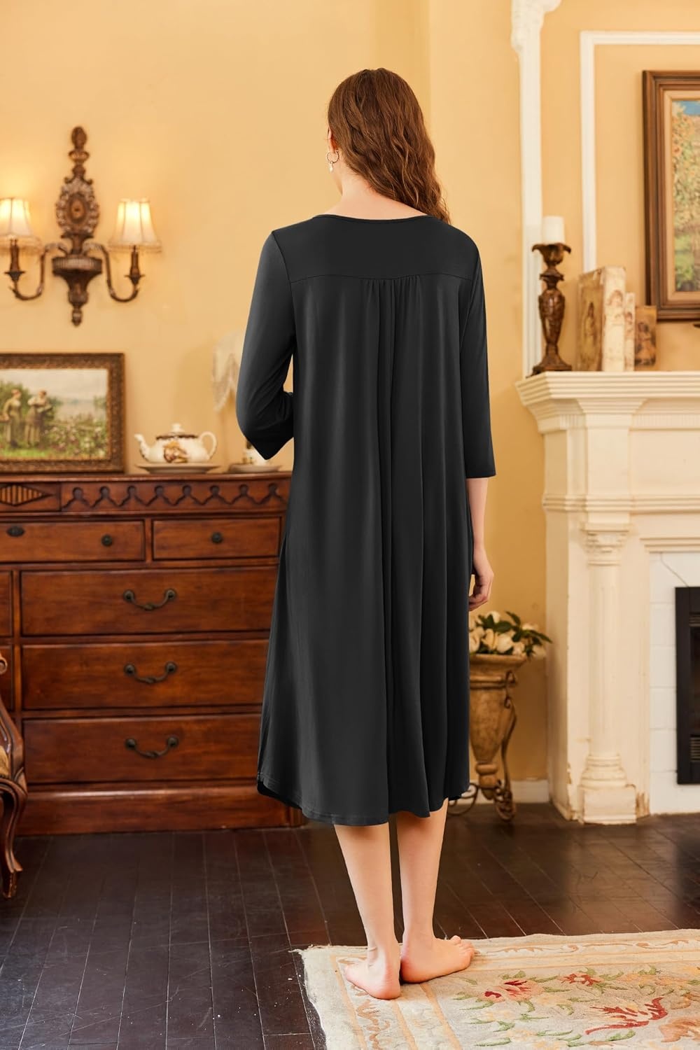 image:imageEkouaer Long Nightgowns for Women Plus Size 34 Sleeve Night Gown Winter Nightgown V Neck Sleepshirts Womens House Dress Maxi Night Shirts Soft Moo Moos for Women Full Length Lounge DressBlack