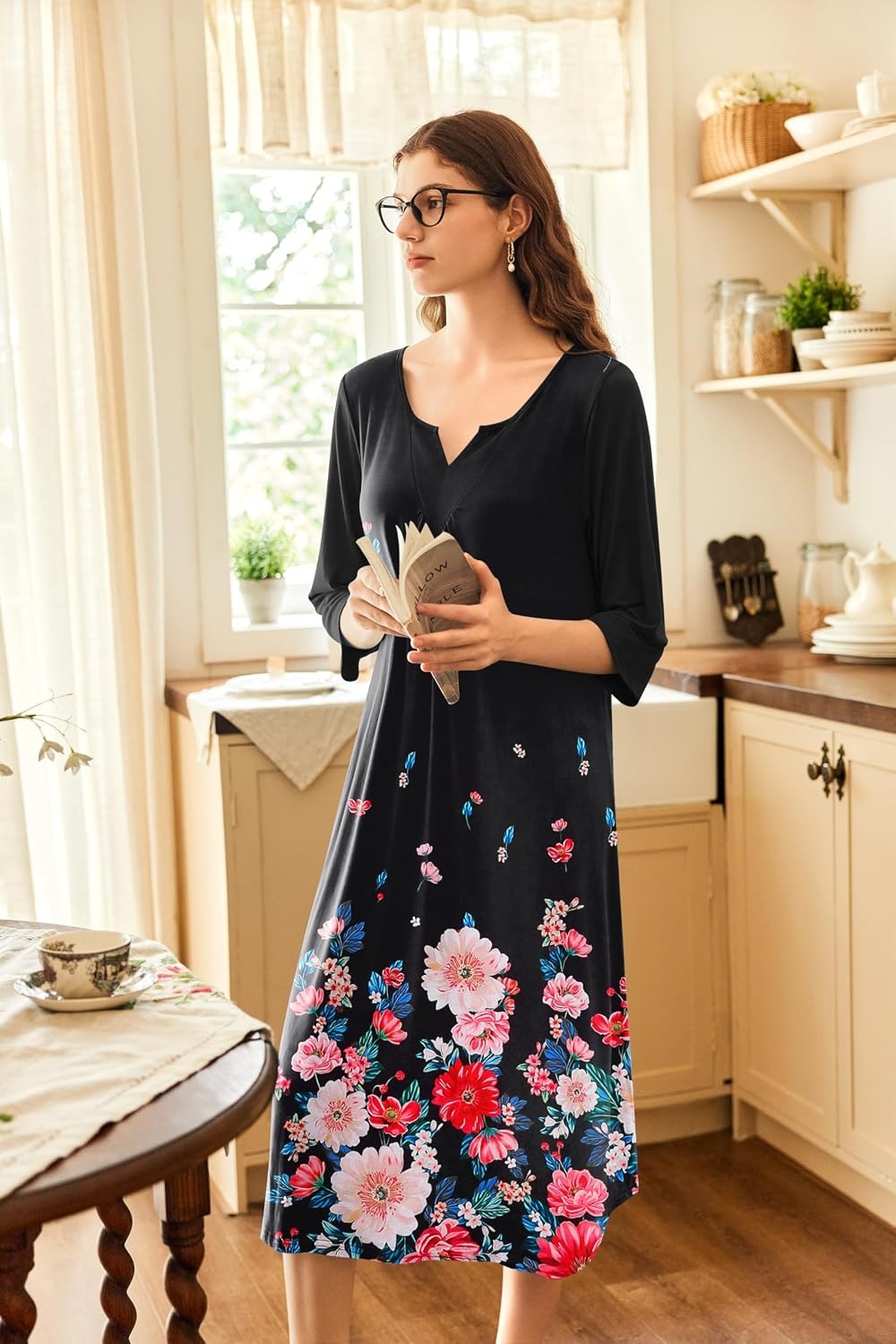 image:imageEkouaer Long Nightgowns for Women Plus Size 34 Sleeve Night Gown Winter Nightgown V Neck Sleepshirts Womens House Dress Maxi Night Shirts Soft Moo Moos for Women Full Length Lounge DressBlack Little Flowers