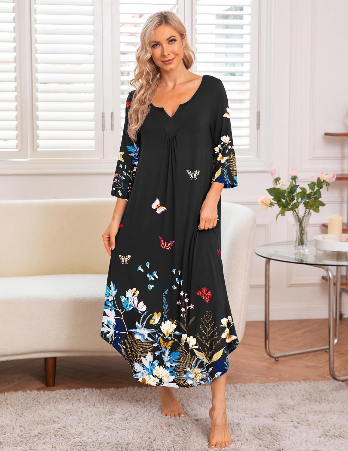 image:imageEkouaer Long Nightgowns for Women Plus Size 34 Sleeve Night Gown Winter Nightgown V Neck Sleepshirts Womens House Dress Maxi Night Shirts Soft Moo Moos for Women Full Length Lounge DressBlack Floral