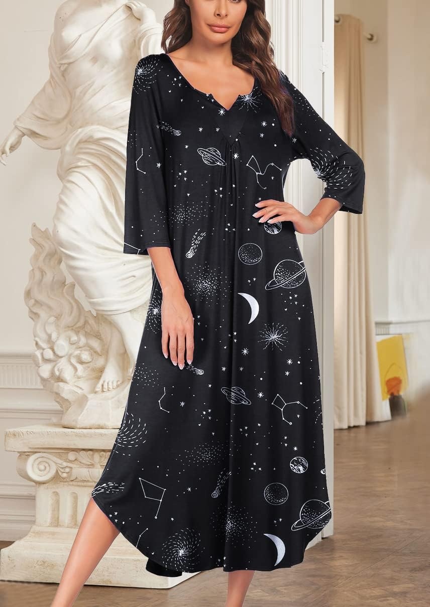 image:imageEkouaer Long Nightgowns for Women Plus Size 34 Sleeve Night Gown Winter Nightgown V Neck Sleepshirts Womens House Dress Maxi Night Shirts Soft Moo Moos for Women Full Length Lounge DressBlack Star