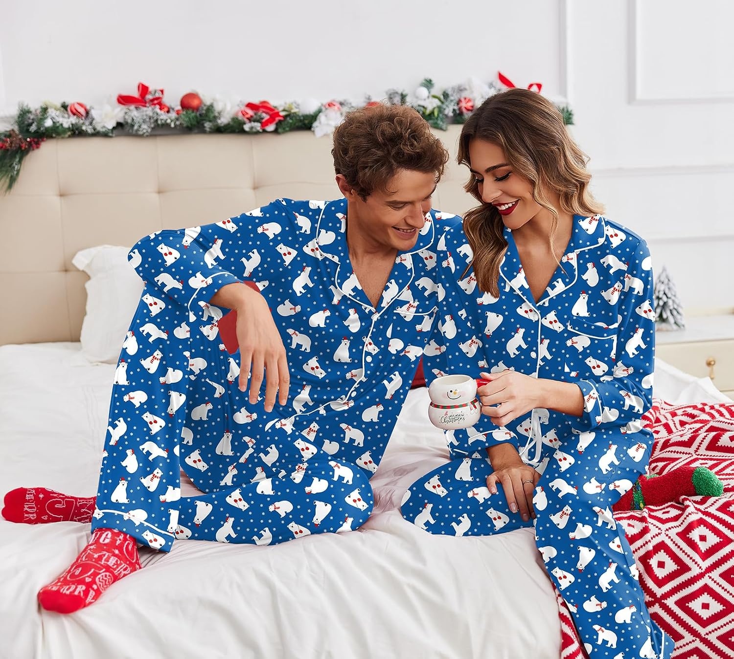 image:imageEkouaer Matching Pajamas For Couples Christmas Pj Set Long Sleeve Lounge Festival Party Sleepwear Blue Bear M Women
