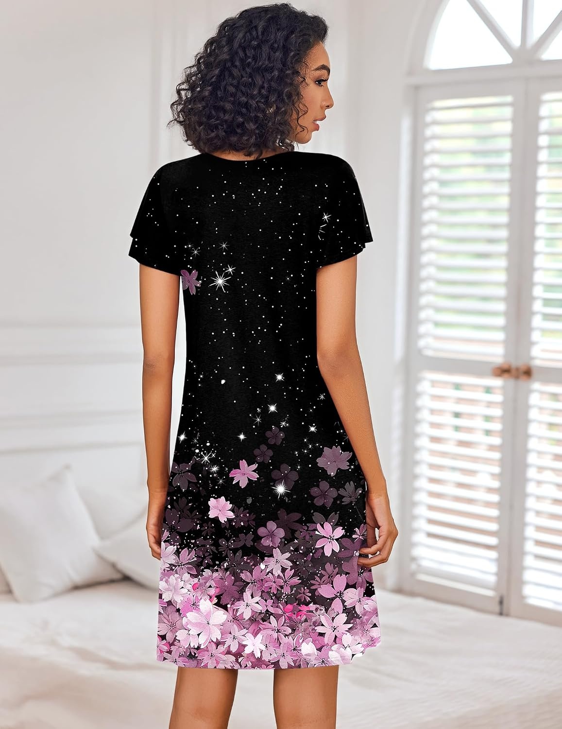 image:imageEkouaer Nightgowns for Women Short Sleeve Sleep Shirts Pleated Night Dress V Neck Night Shirts Soft House DressCherry Blossoms