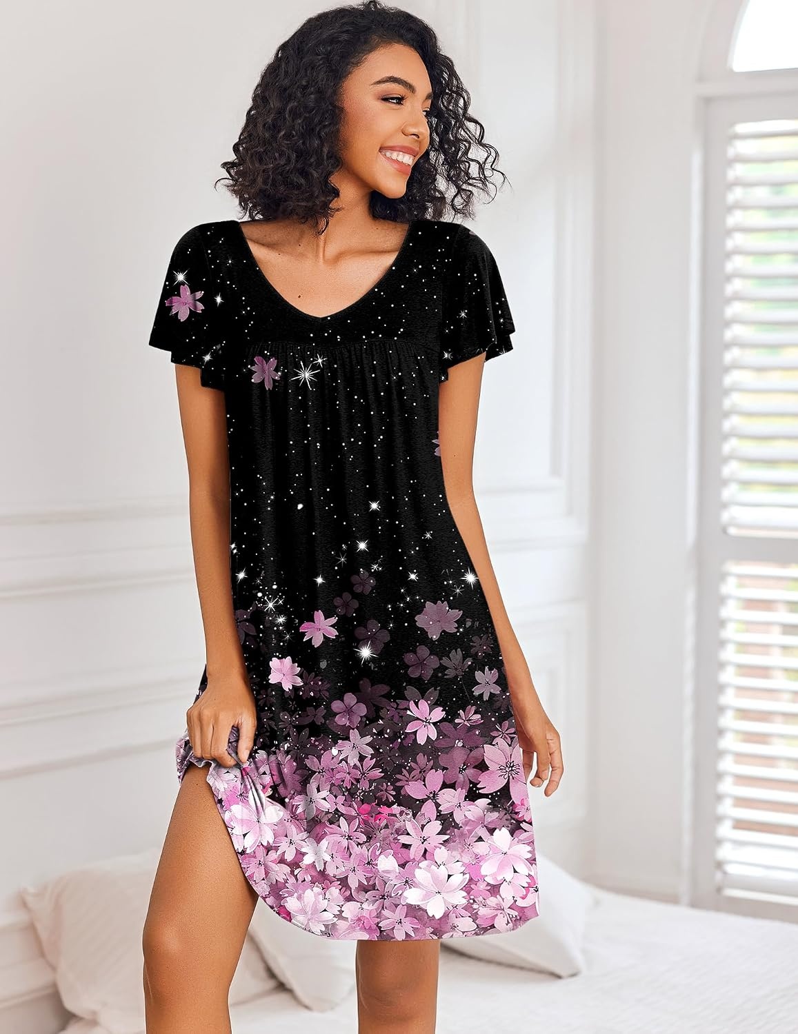 image:imageEkouaer Nightgowns for Women Short Sleeve Sleep Shirts Pleated Night Dress V Neck Night Shirts Soft House DressCherry Blossoms