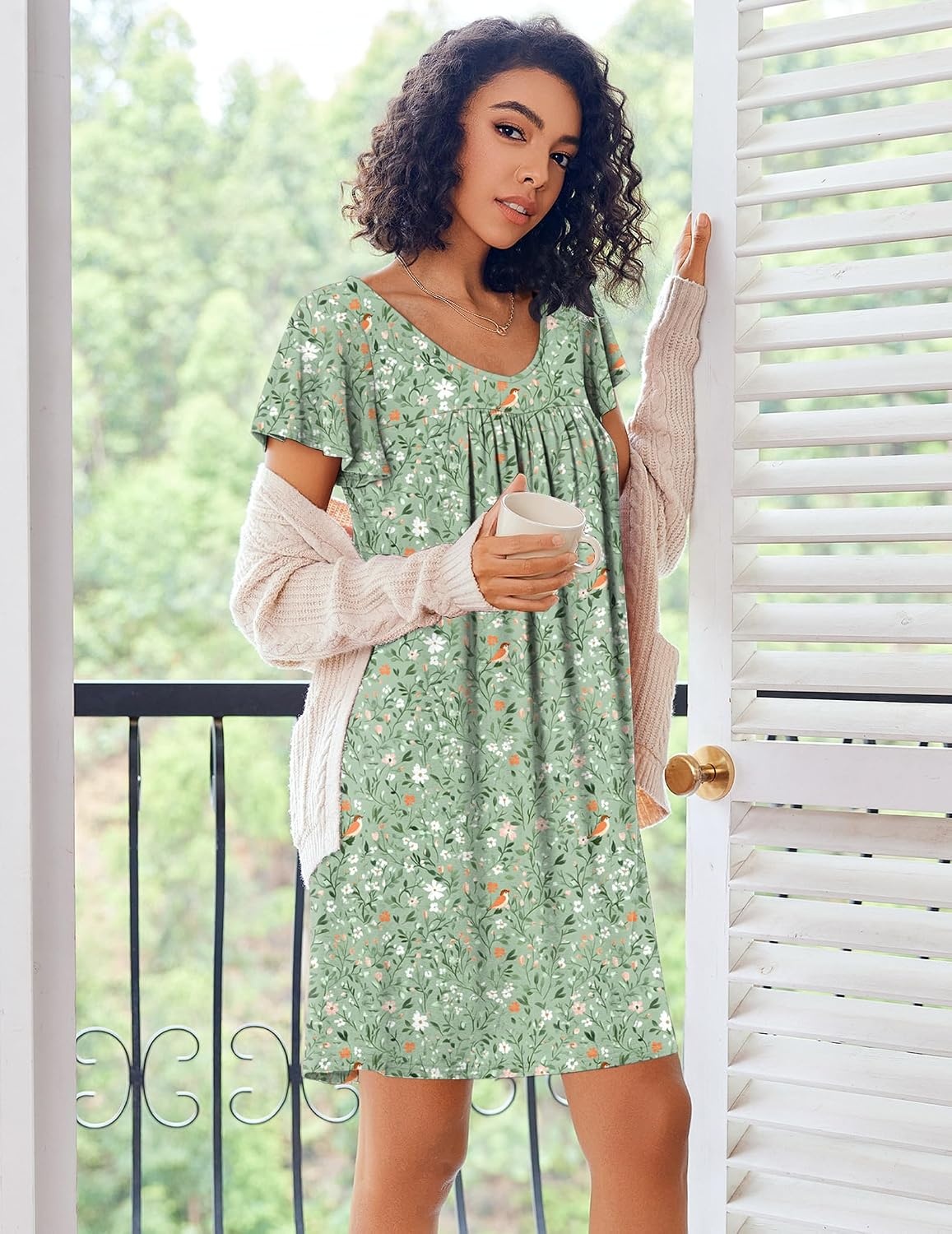 image:imageEkouaer Nightgowns for Women Short Sleeve Sleep Shirts Pleated Night Dress V Neck Night Shirts Soft House DressGreen Leaves