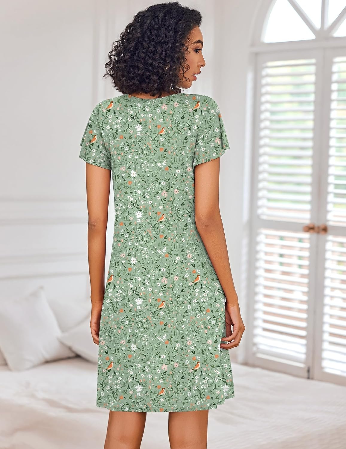 image:imageEkouaer Nightgowns for Women Short Sleeve Sleep Shirts Pleated Night Dress V Neck Night Shirts Soft House DressGreen Leaves