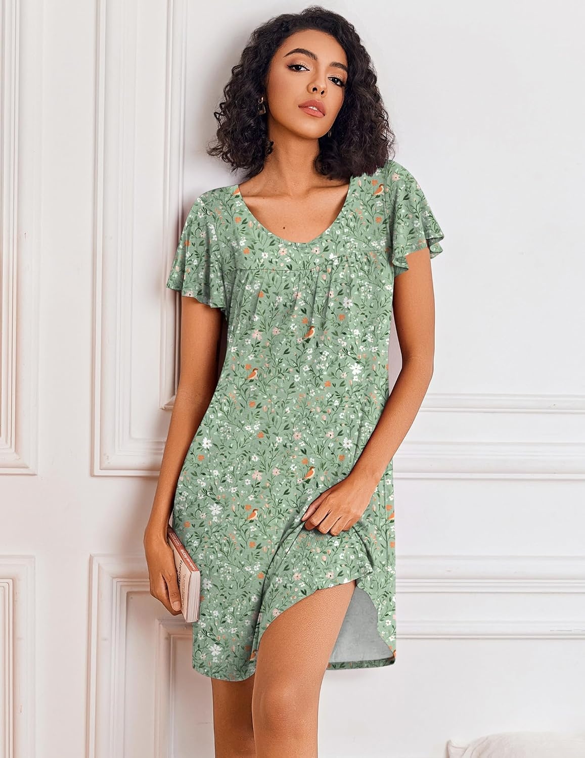 image:imageEkouaer Nightgowns for Women Short Sleeve Sleep Shirts Pleated Night Dress V Neck Night Shirts Soft House DressGreen Leaves