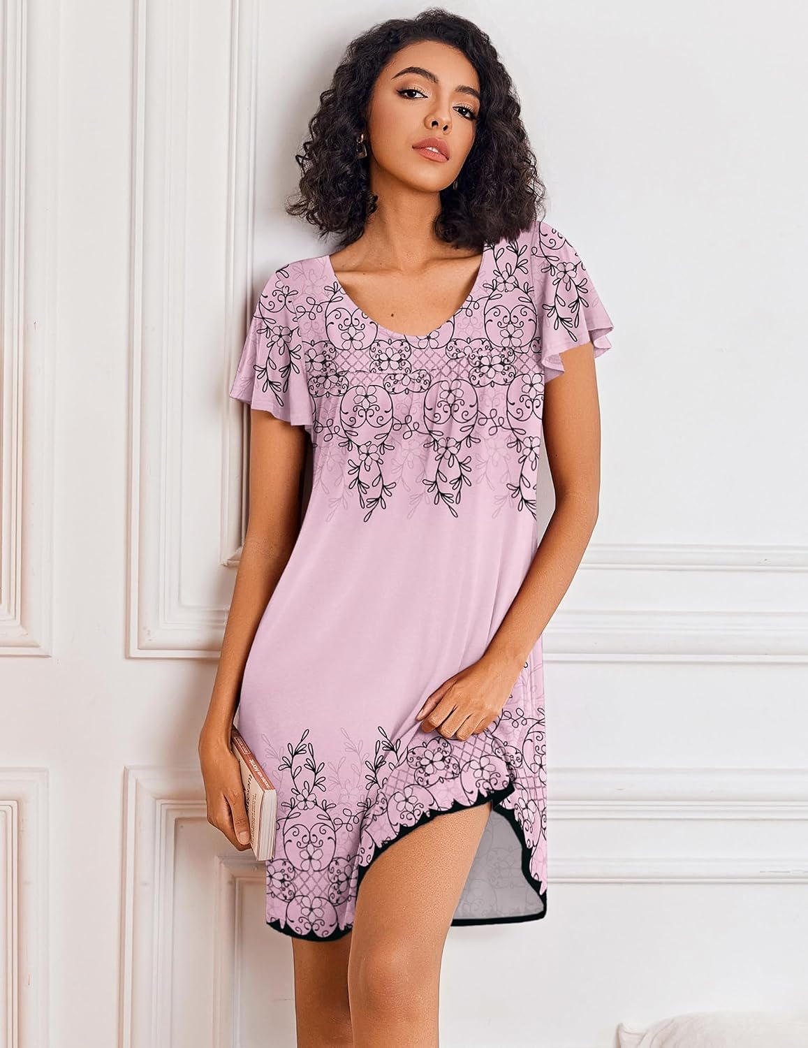 image:imageEkouaer Nightgowns for Women Short Sleeve Sleep Shirts Pleated Night Dress V Neck Night Shirts Soft House DressPink Floral