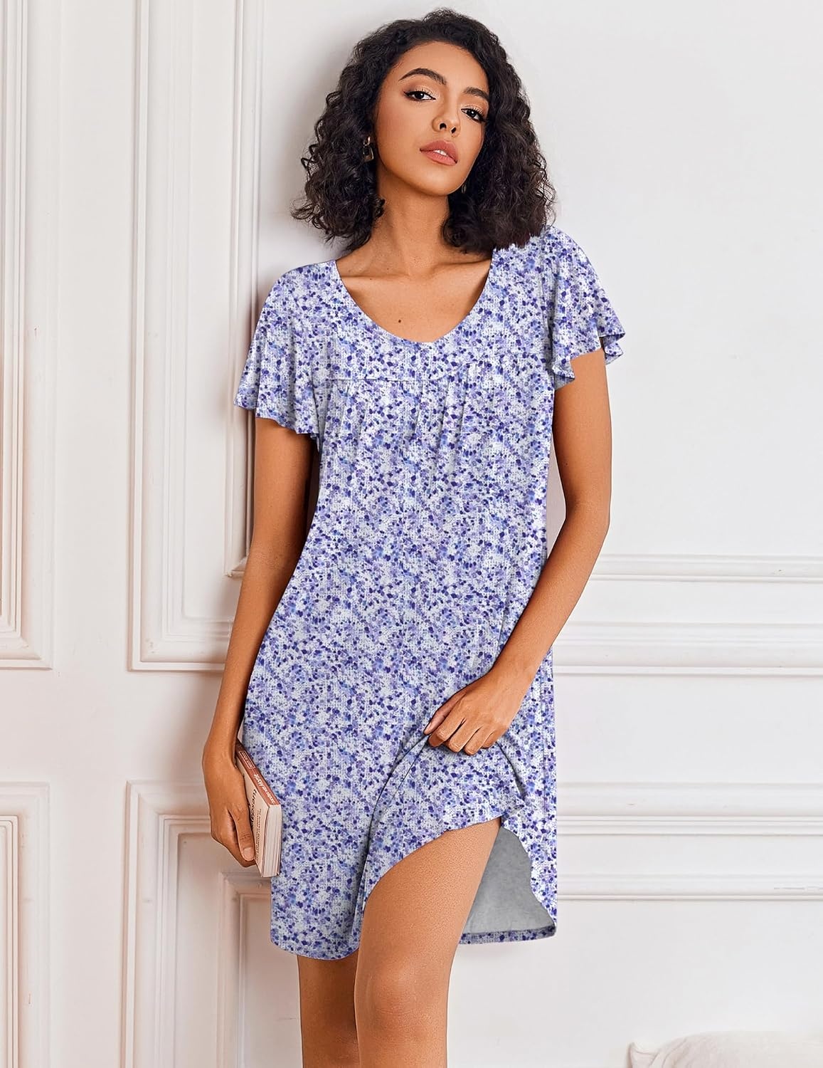 image:imageEkouaer Nightgowns for Women Short Sleeve Sleep Shirts Pleated Night Dress V Neck Night Shirts Soft House DressPurple Speckle