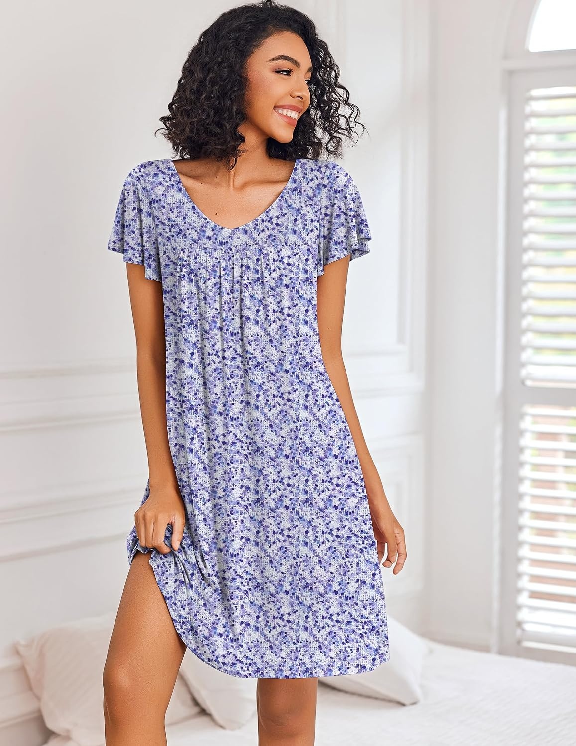 image:imageEkouaer Nightgowns for Women Short Sleeve Sleep Shirts Pleated Night Dress V Neck Night Shirts Soft House DressPurple Speckle