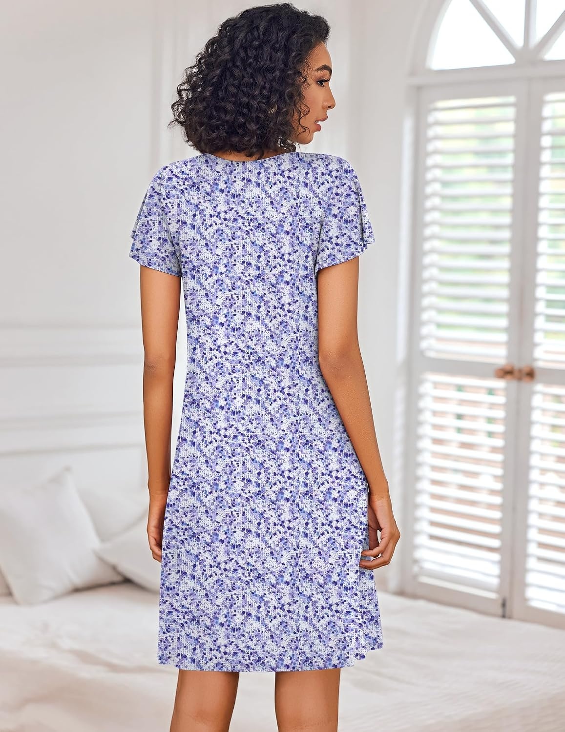 image:imageEkouaer Nightgowns for Women Short Sleeve Sleep Shirts Pleated Night Dress V Neck Night Shirts Soft House DressPurple Speckle